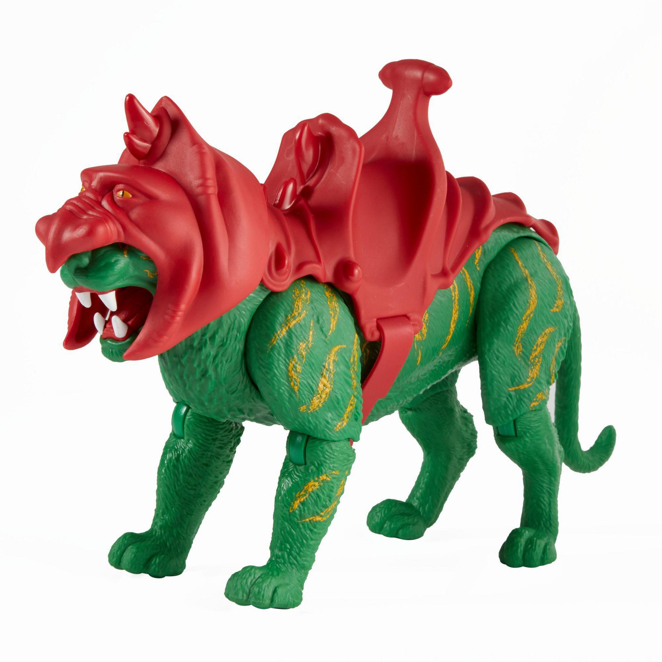 Grünes Battle Cat Spielzeug. Roter Sattel und Helm. Goldene Markierungen auf dem grünen Körper.