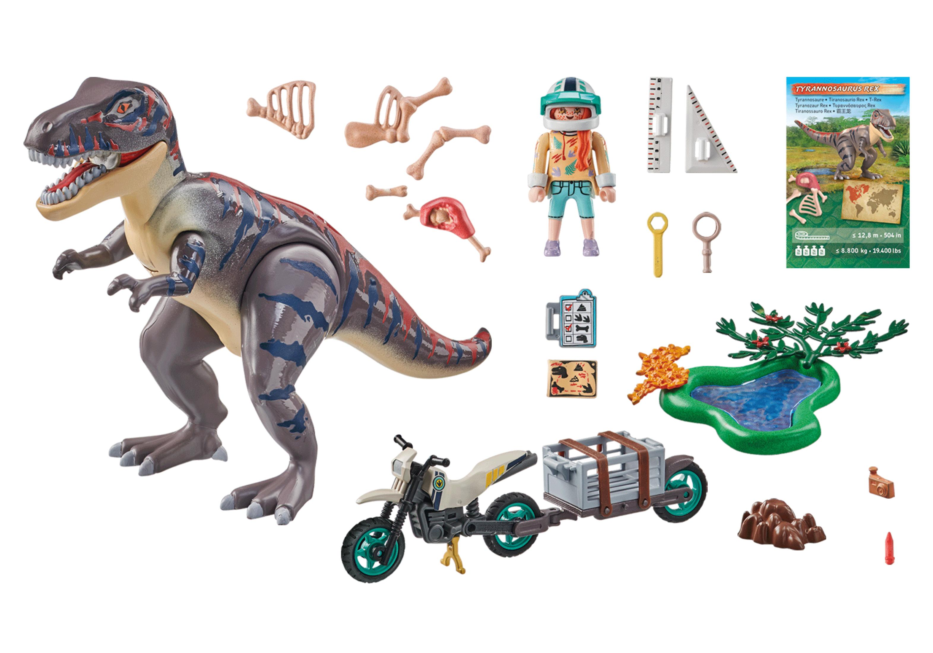 Ein Dinosaurier-Spielzeug mit Zubehör, darunter ein Motorrad, eine Figur und eine Landschaft.