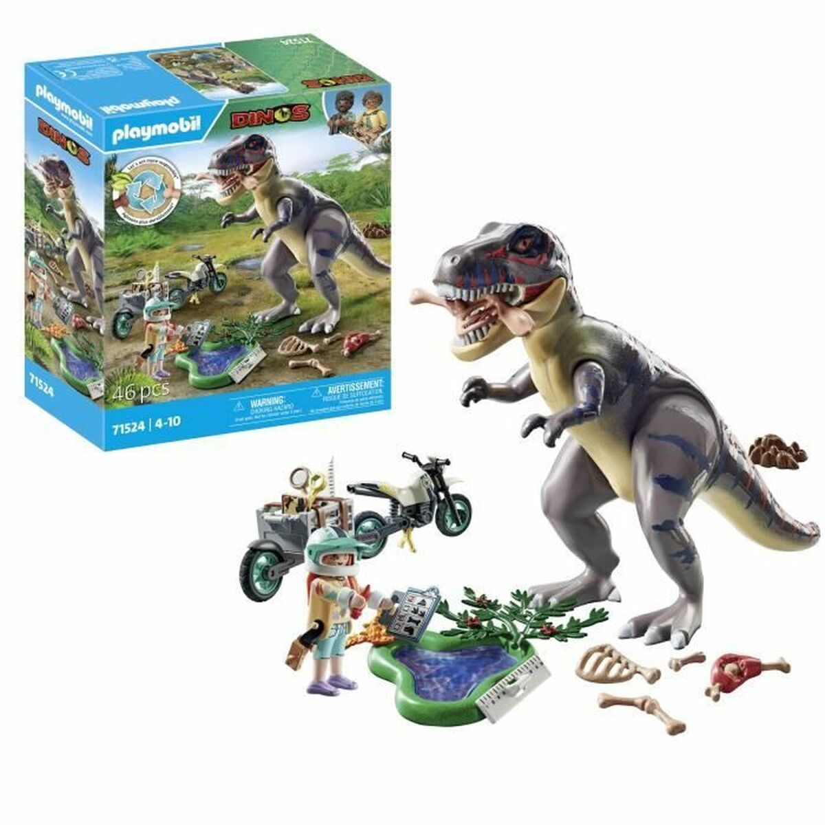 Eine Playmobil-Dinosaurier-Set-Box mit einer Dinosaurierfigur, einem Motorrad und anderen Spielfiguren.