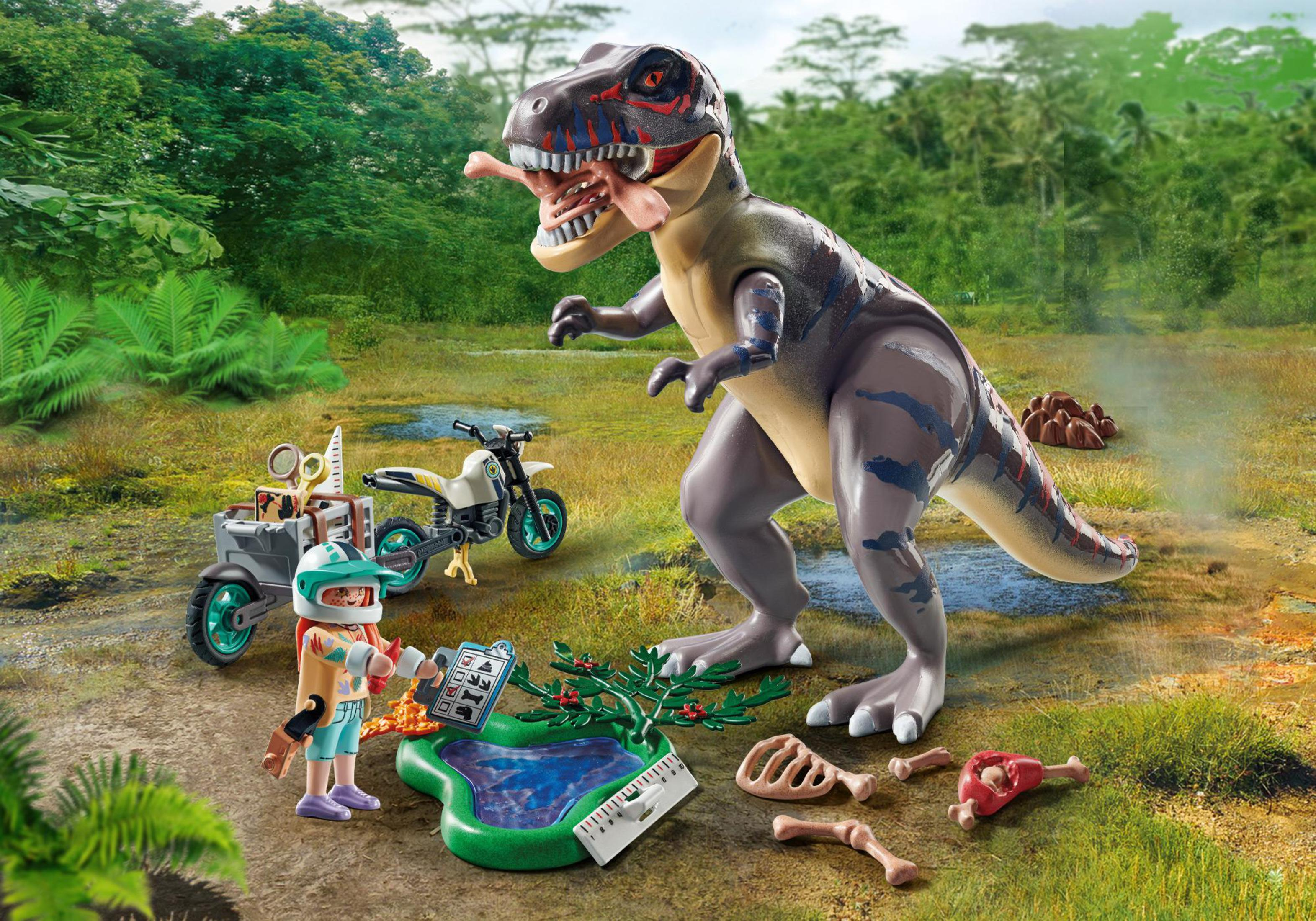 Ein Tyrannosaurus Rex-Spielzeug mit einem Dinosaurierforscher, Motorrad und Teich.