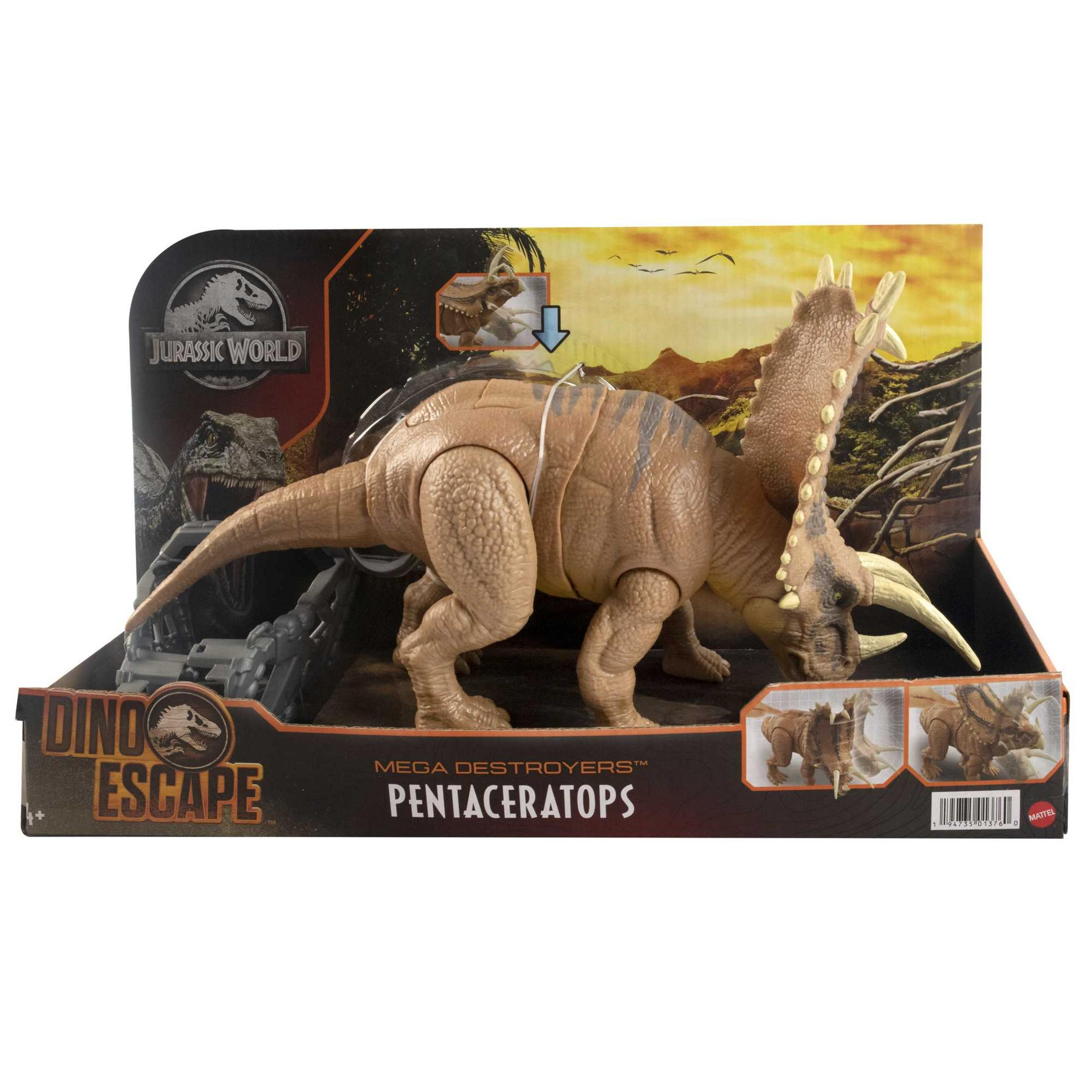 Triceratops-Spielzeugdinosa aus der Box. Braun- und Beigetöne. Dinosaurier ist aufgestellt.