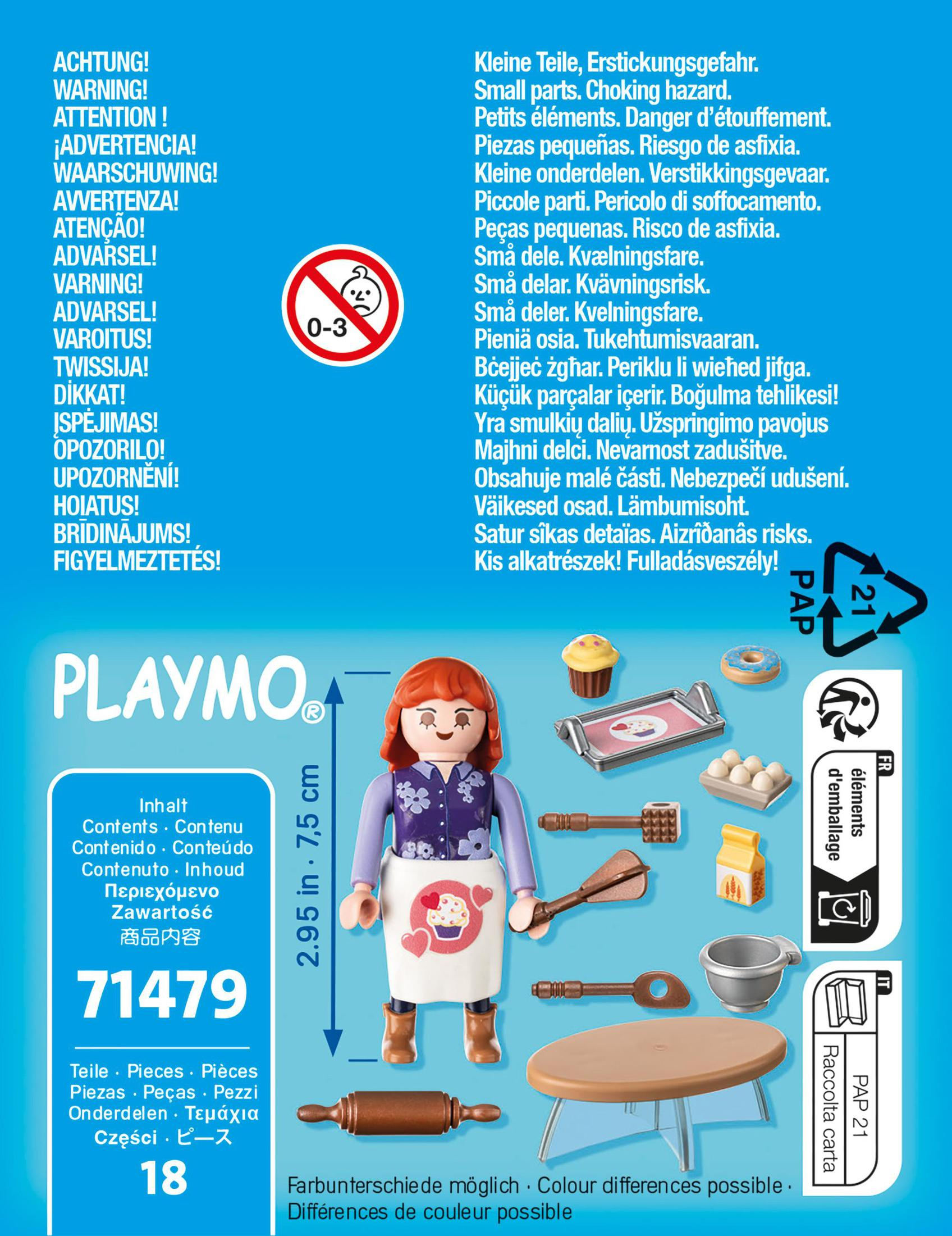 Playmobil-Spielset mit weiblicher Figur, Zubehör und Sicherheitshinweisen.