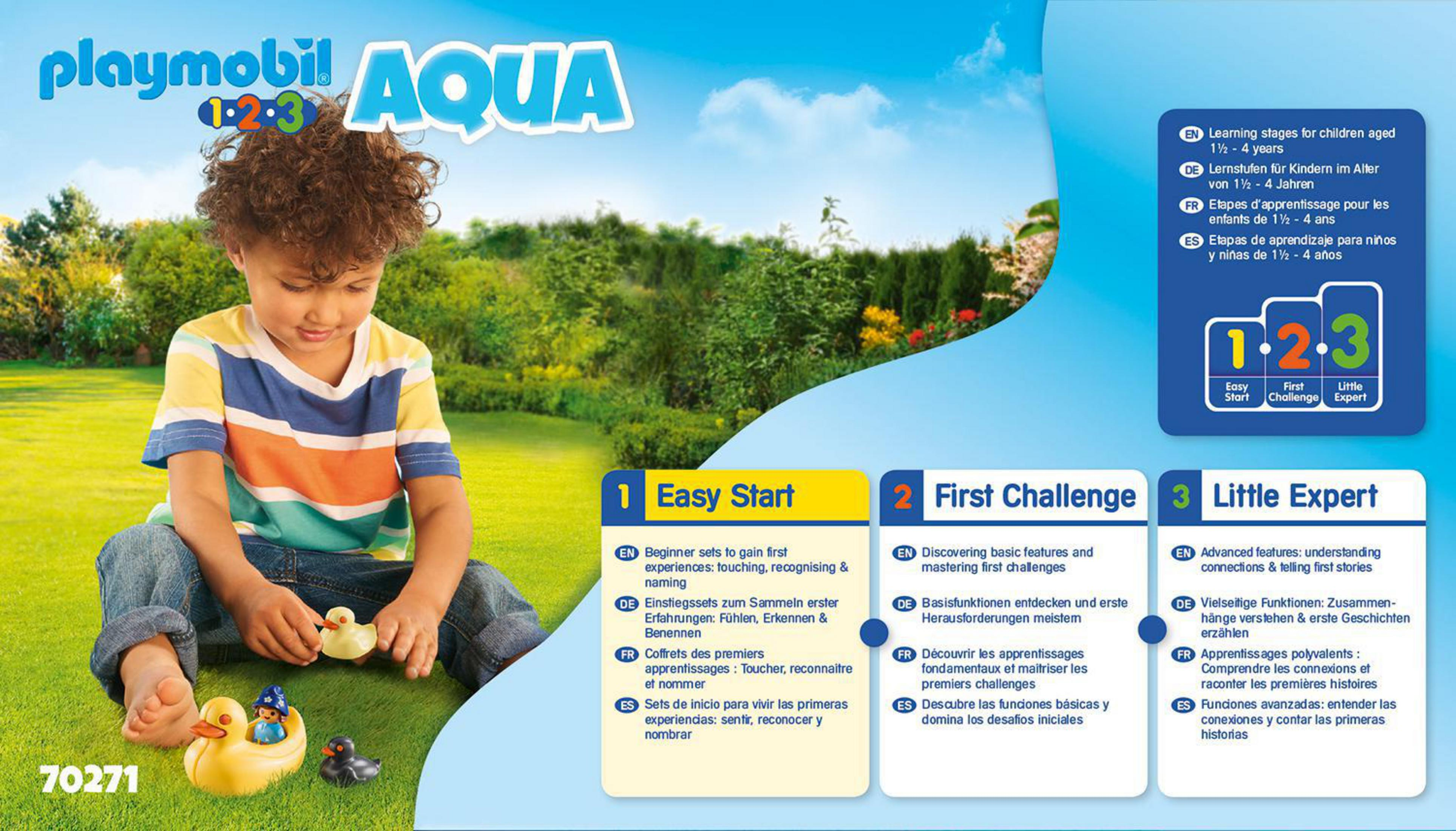 Junge spielt mit Spielzeugenten und Playmobil Aqua-Set. Text in mehreren Sprachen, blauer Hintergrund.