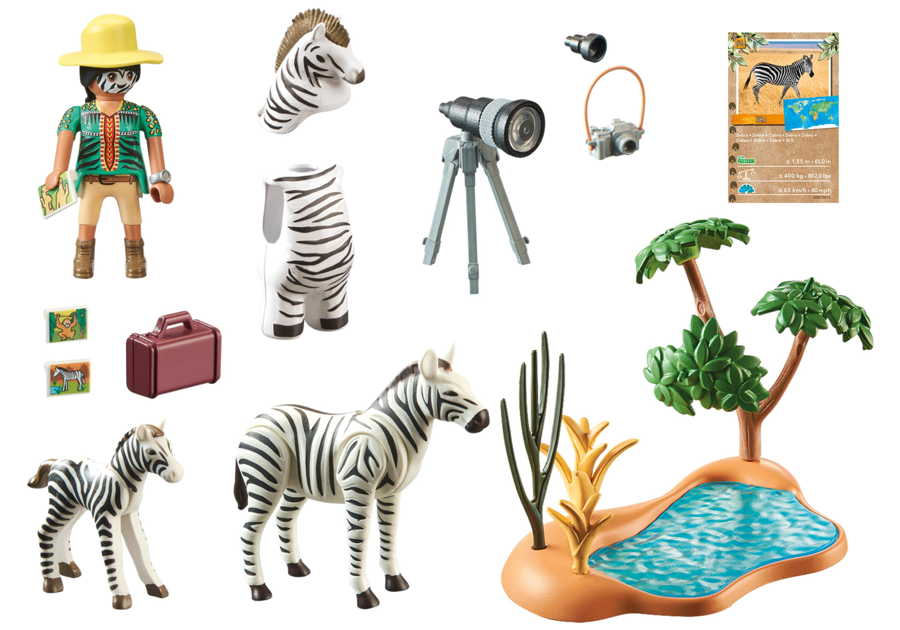 Zestaw safari Playmobil: figurki, zabawki zebry, teleskop, aparat, mapa i akcesoria.