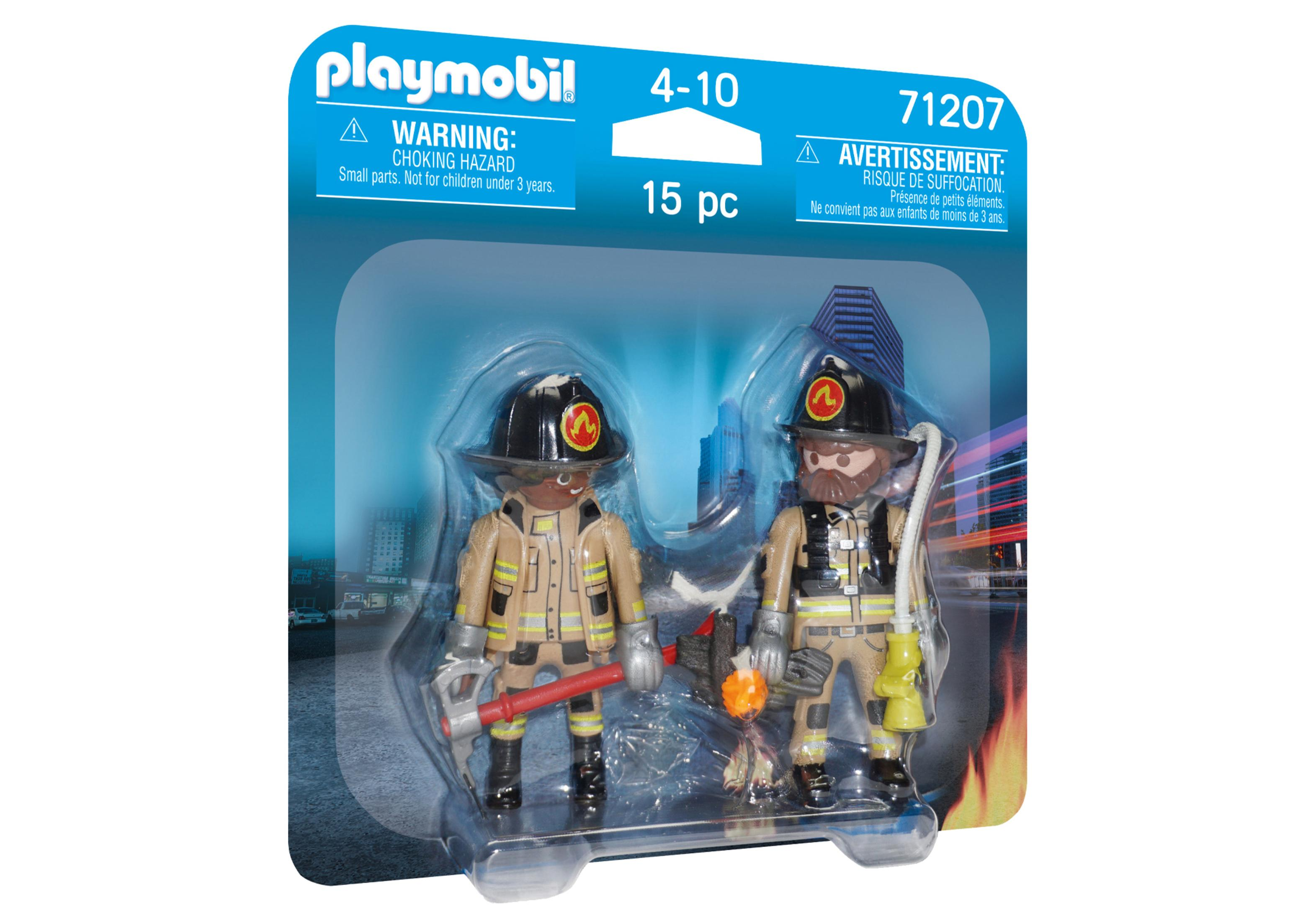 Set di pompieri Playmobil con due personaggi in uniforme e strumenti antincendio.