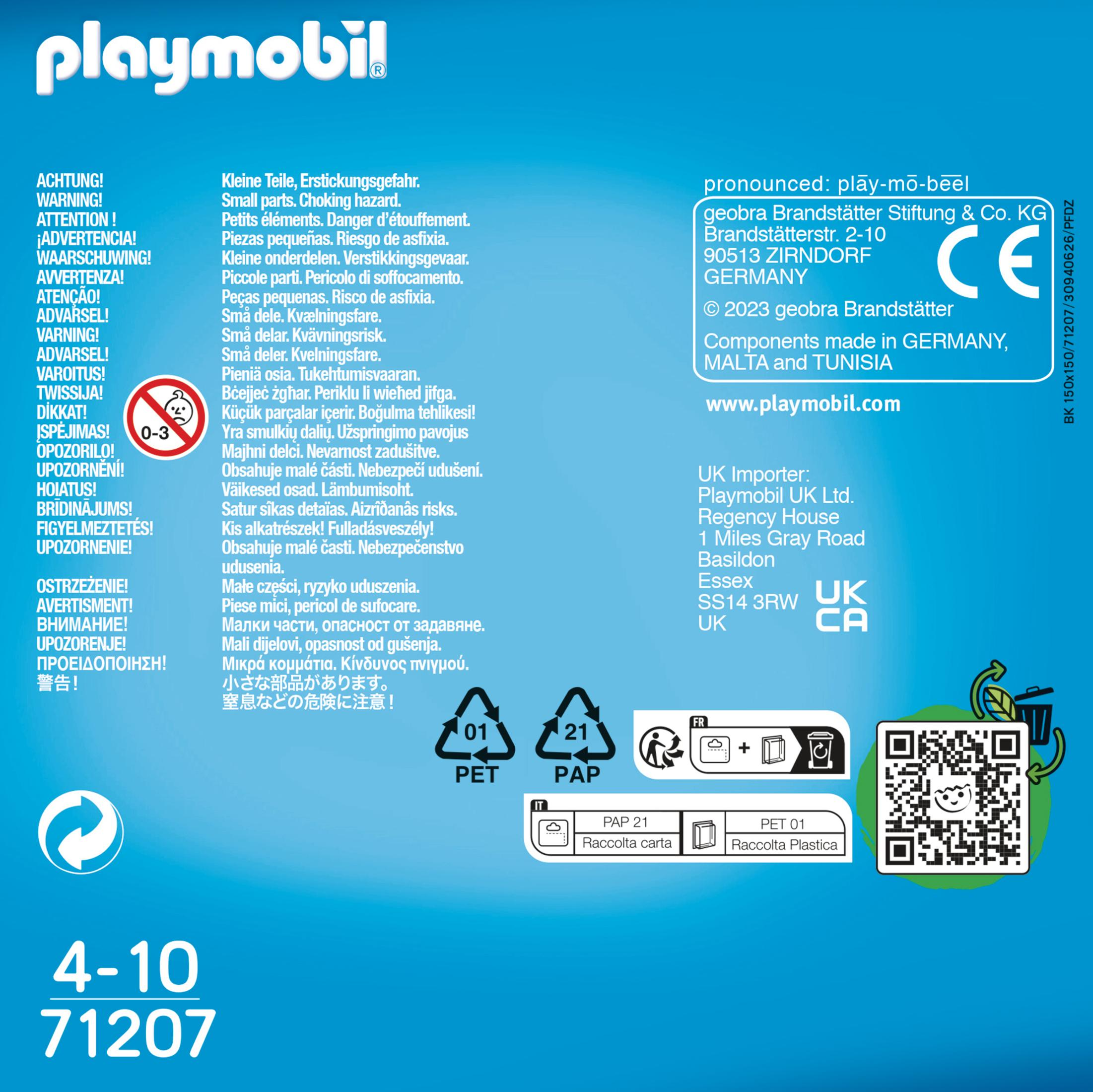 Una scatola Playmobil con avvertenze e testo in più lingue. Include informazioni sul riciclaggio.