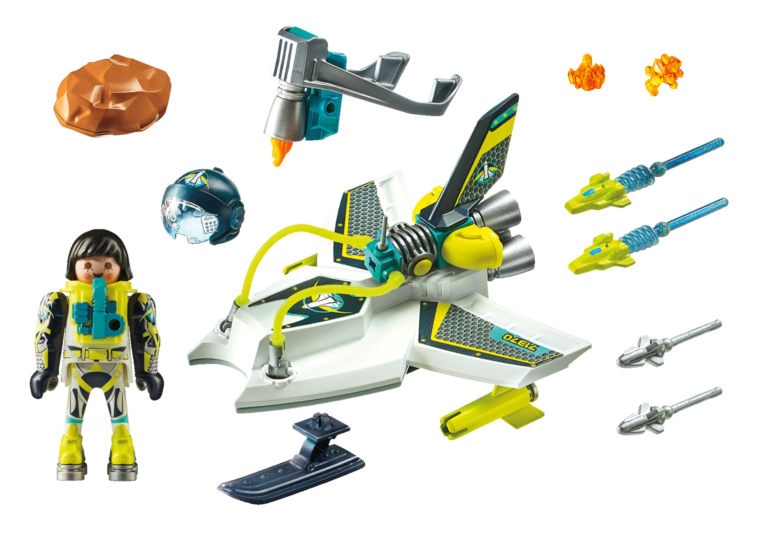 Set espacial Playmobil con astronauta, nave espacial y otros artículos relacionados con el espacio.