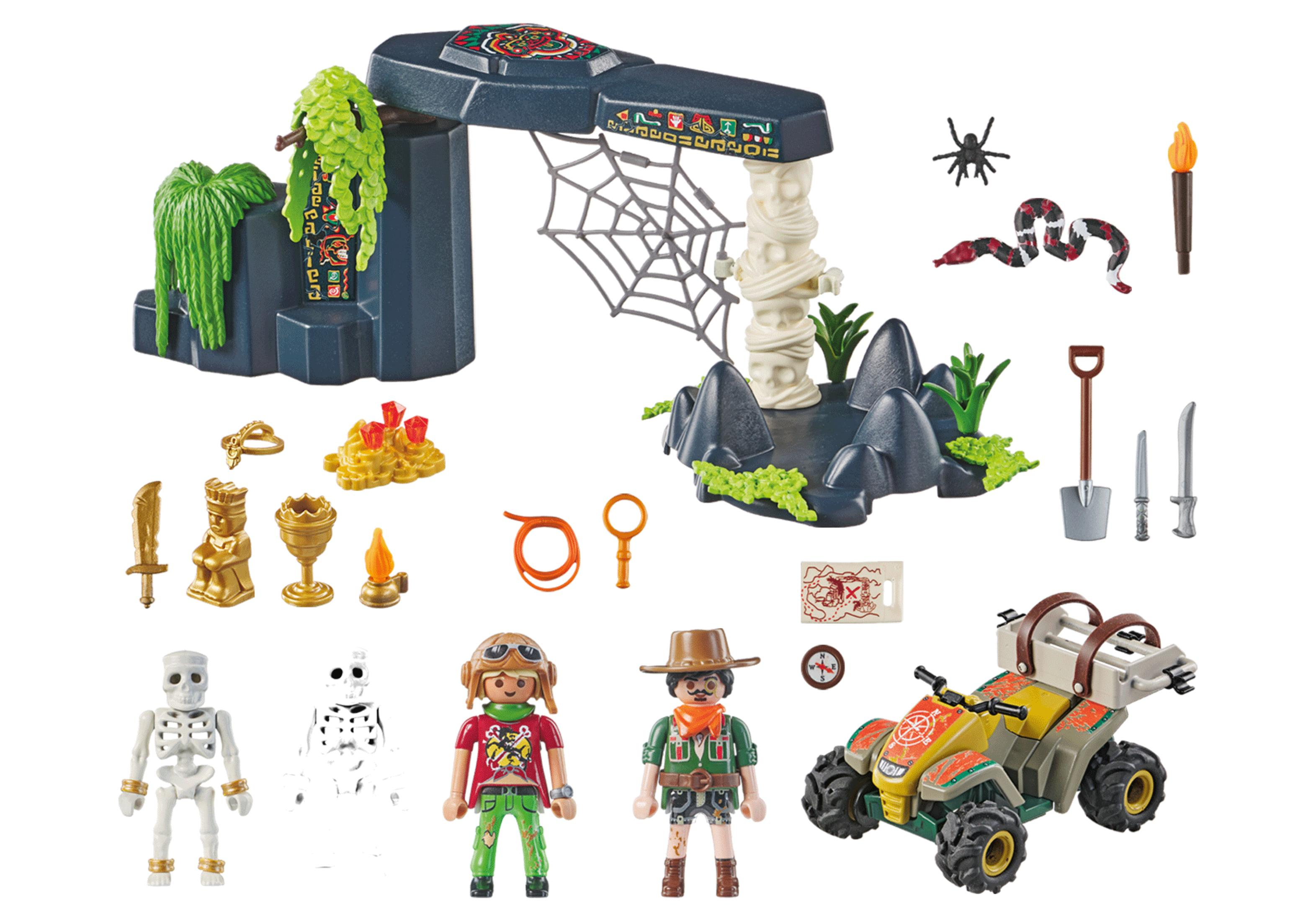 Zestaw Playmobil: wejście do świątyni, skarb, figurki, quad i akcesoria.