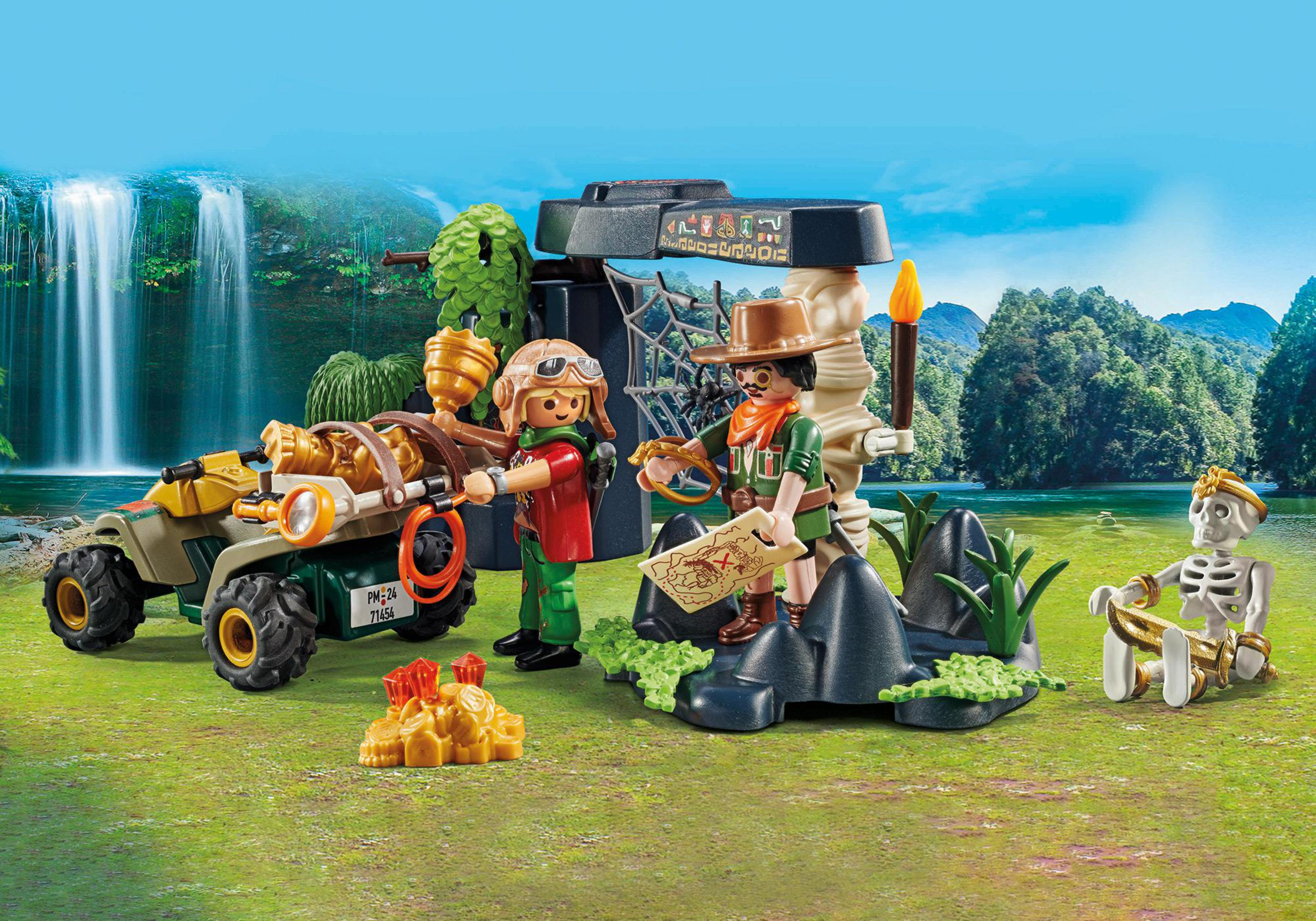 Zestaw Playmobil z odkrywcami na jeepie w pobliżu świątyni i szkieletu. Wodospad w tle.