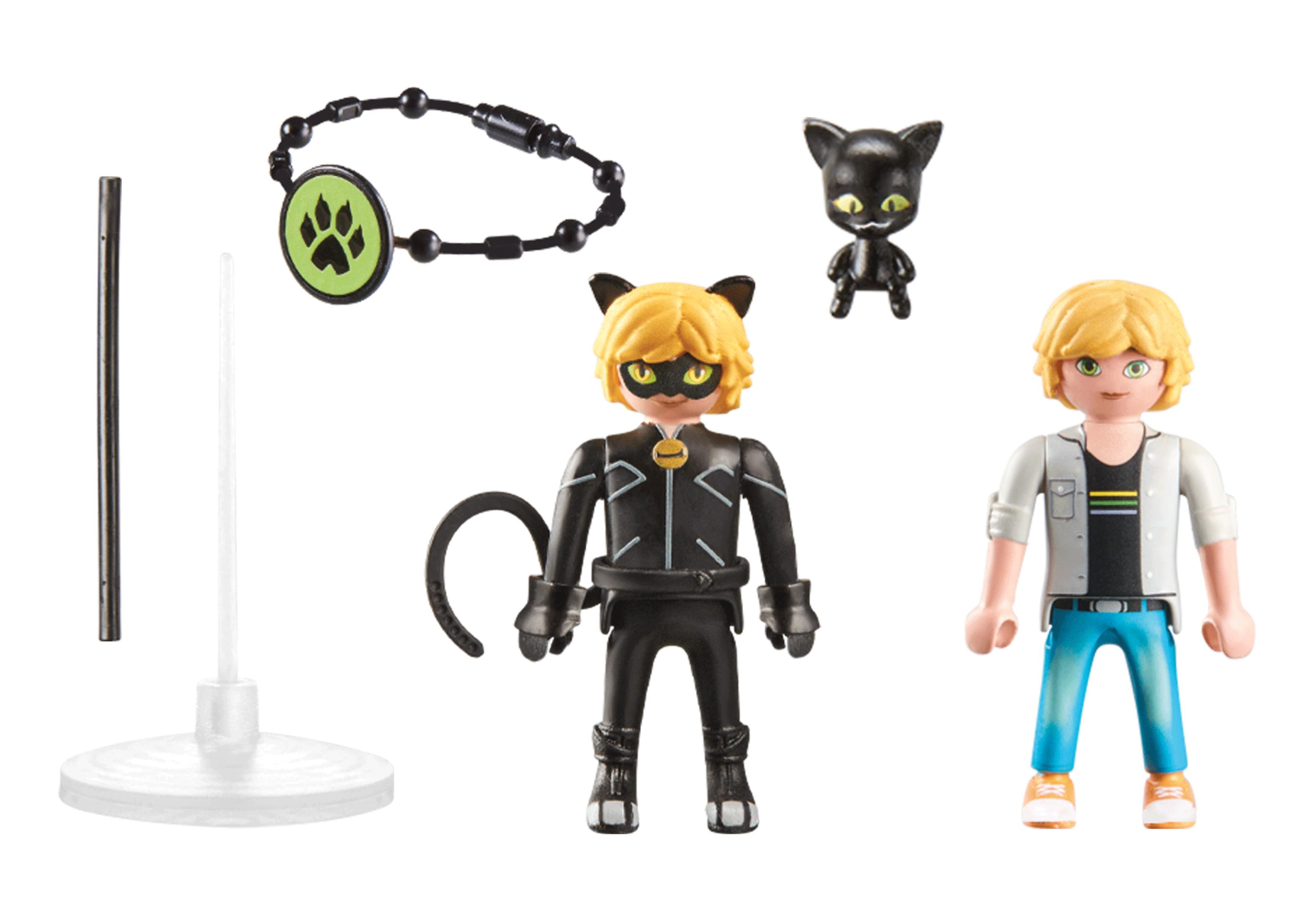 Miraculous Spielzeugset mit Figuren, Armband und Ständer, auf weißem Hintergrund.