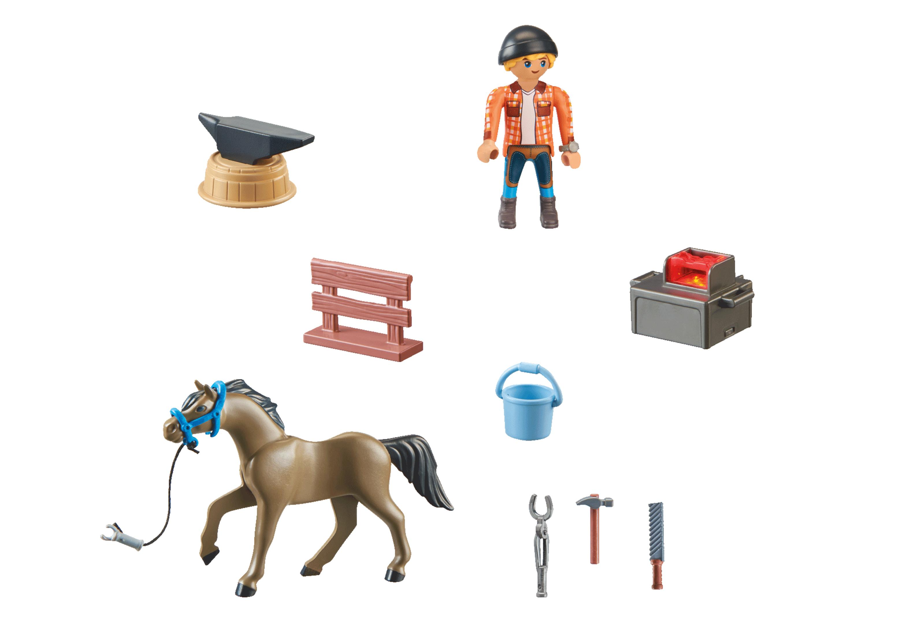 Playmobil-Set mit Schmiedewerkzeugen und Figuren. Enthält ein Pferd, einen Amboss und kleine Gegenstände.