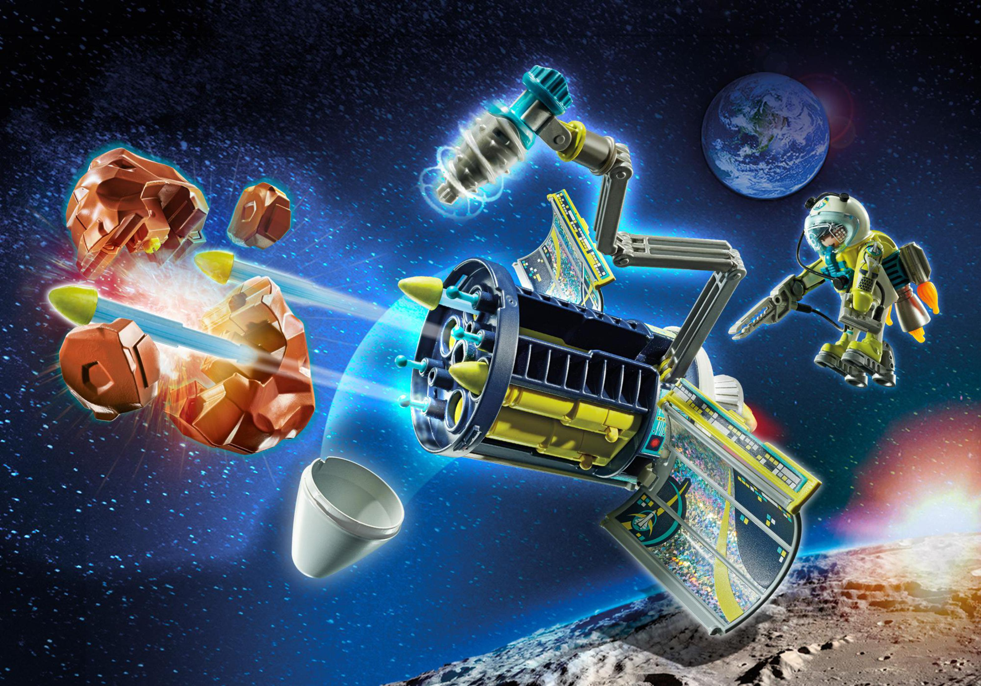 Eine Weltraumszene mit Raumstation, Astronaut, Asteroiden und Planet.