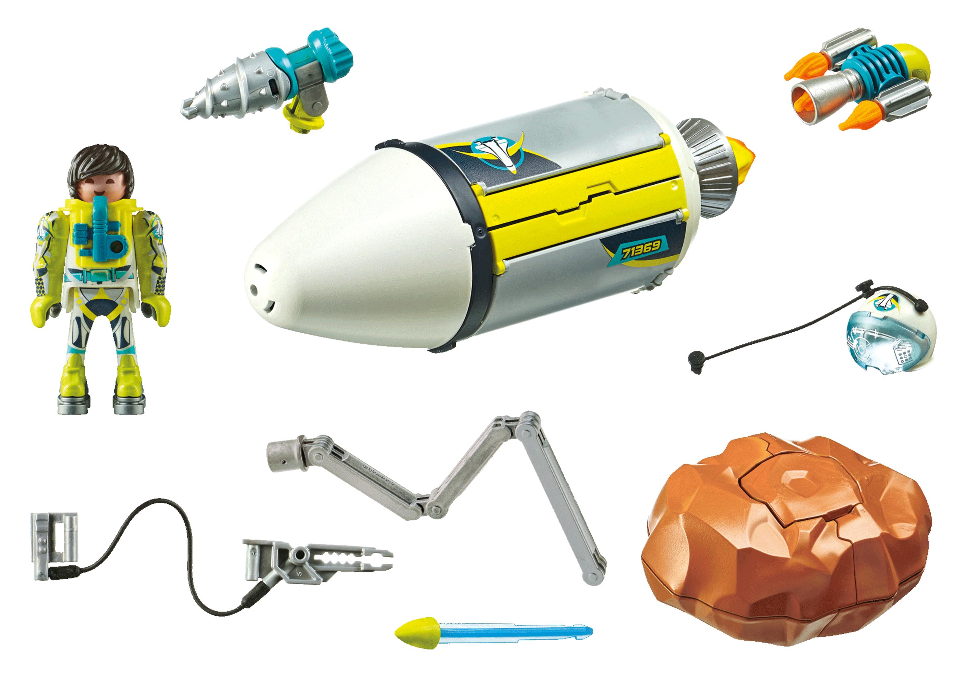 Weltraumforscher-Set: Astronaut, Rakete, Werkzeuge und ein Felsen.