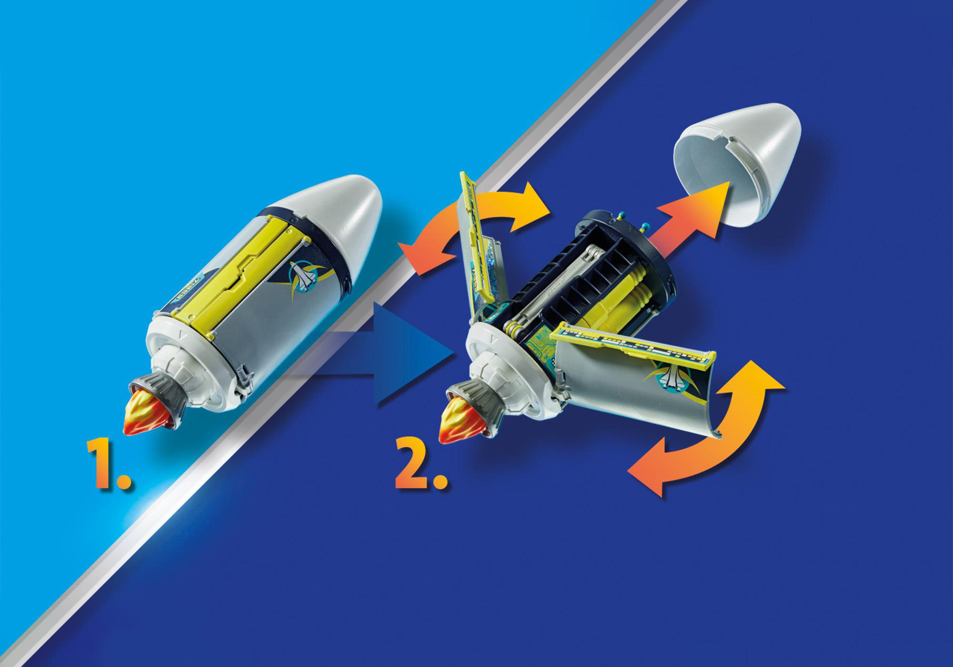 Playmobil-Raketenspielzeug. Zwei Montageschritte werden gezeigt, mit Raketenteilen und Pfeilen.