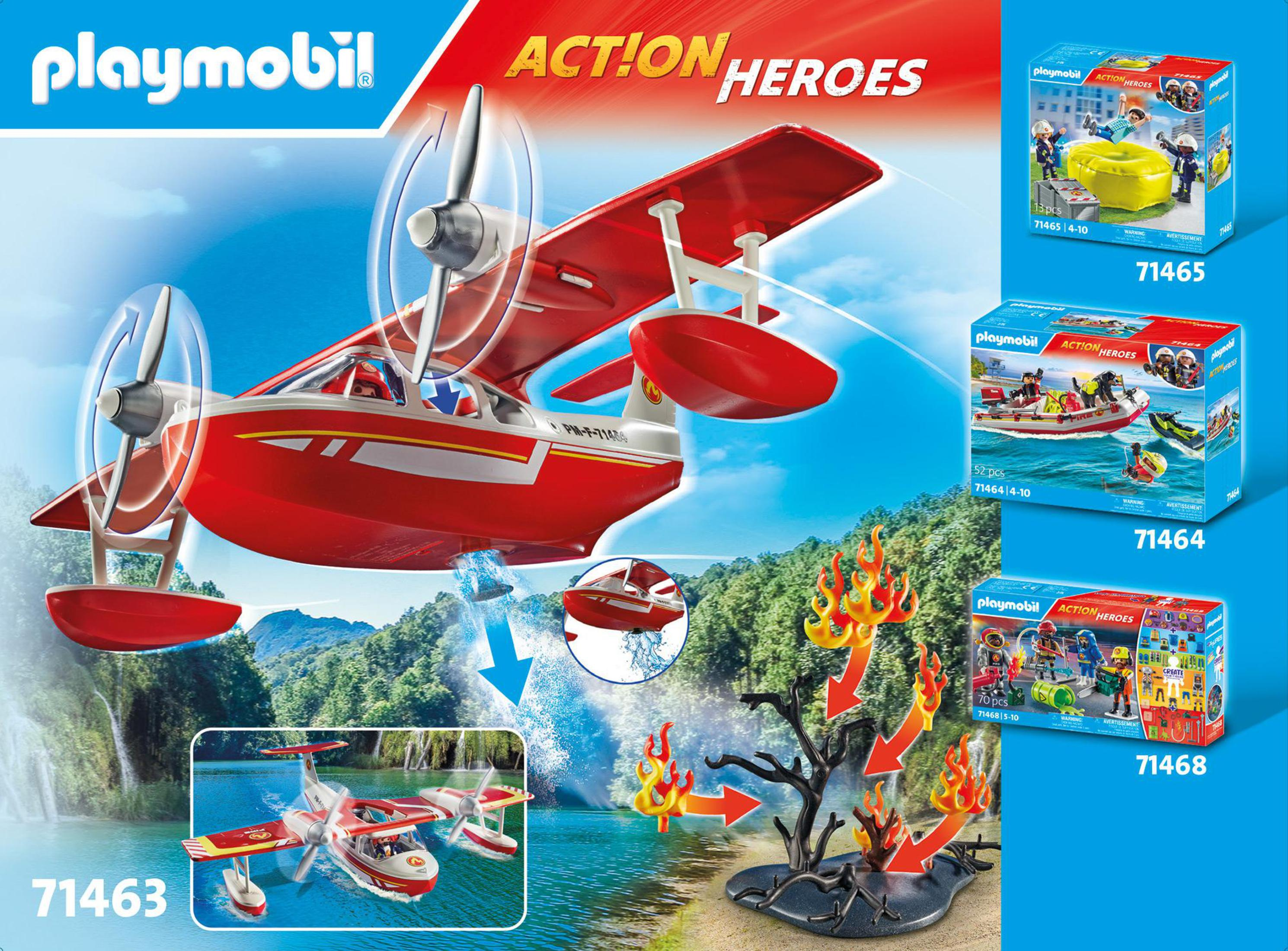 Czerwony i biały samolot zabawkowy z trzema pudełkami zestawów zabawek Playmobil Action Heroes.