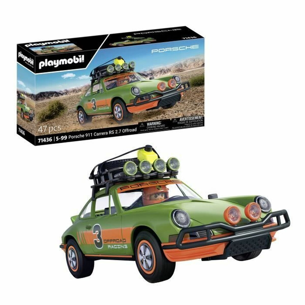 Playmobil Porsche 911. Grünes Auto mit orangen Details.