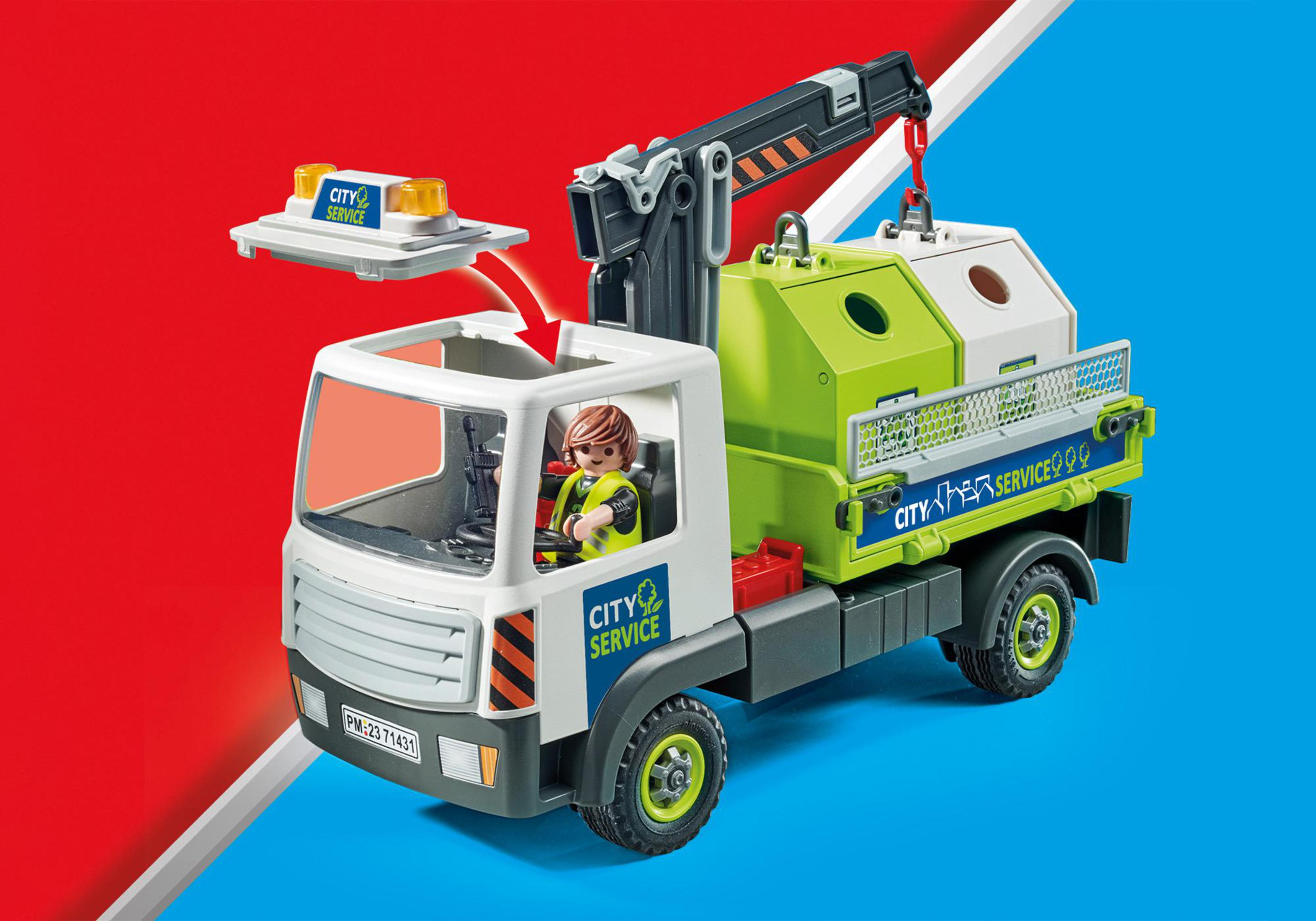 Camión Playmobil City Service, verde y blanco. Cuenta con grúa y contenedores de reciclaje.