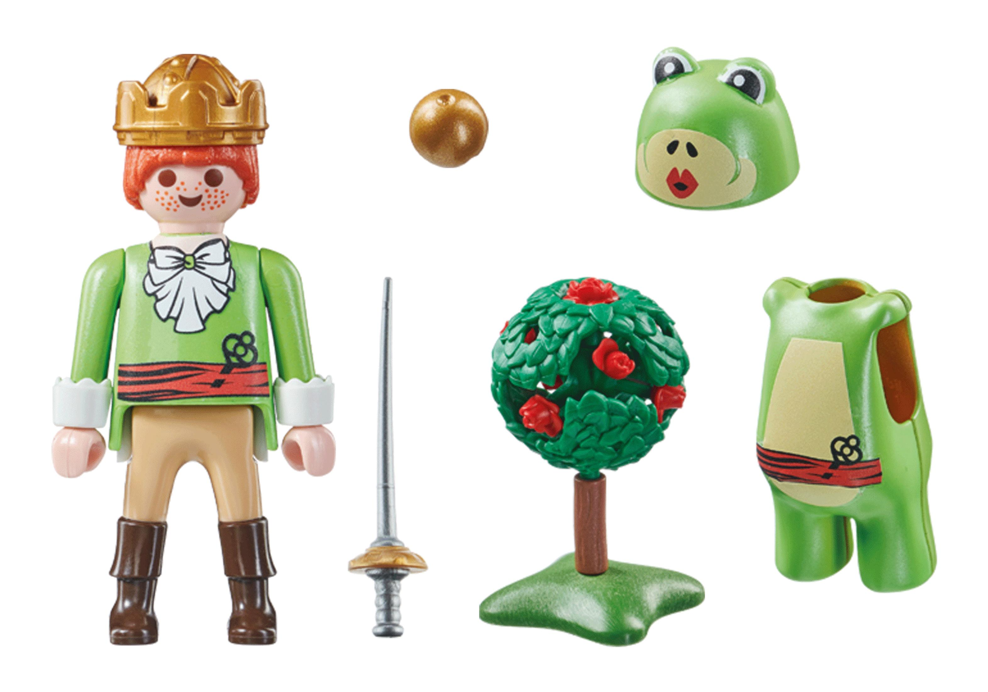 Playmobil-Figur eines Königs mit Zubehör: Krone, Froschkopf, Schwert und Busch.