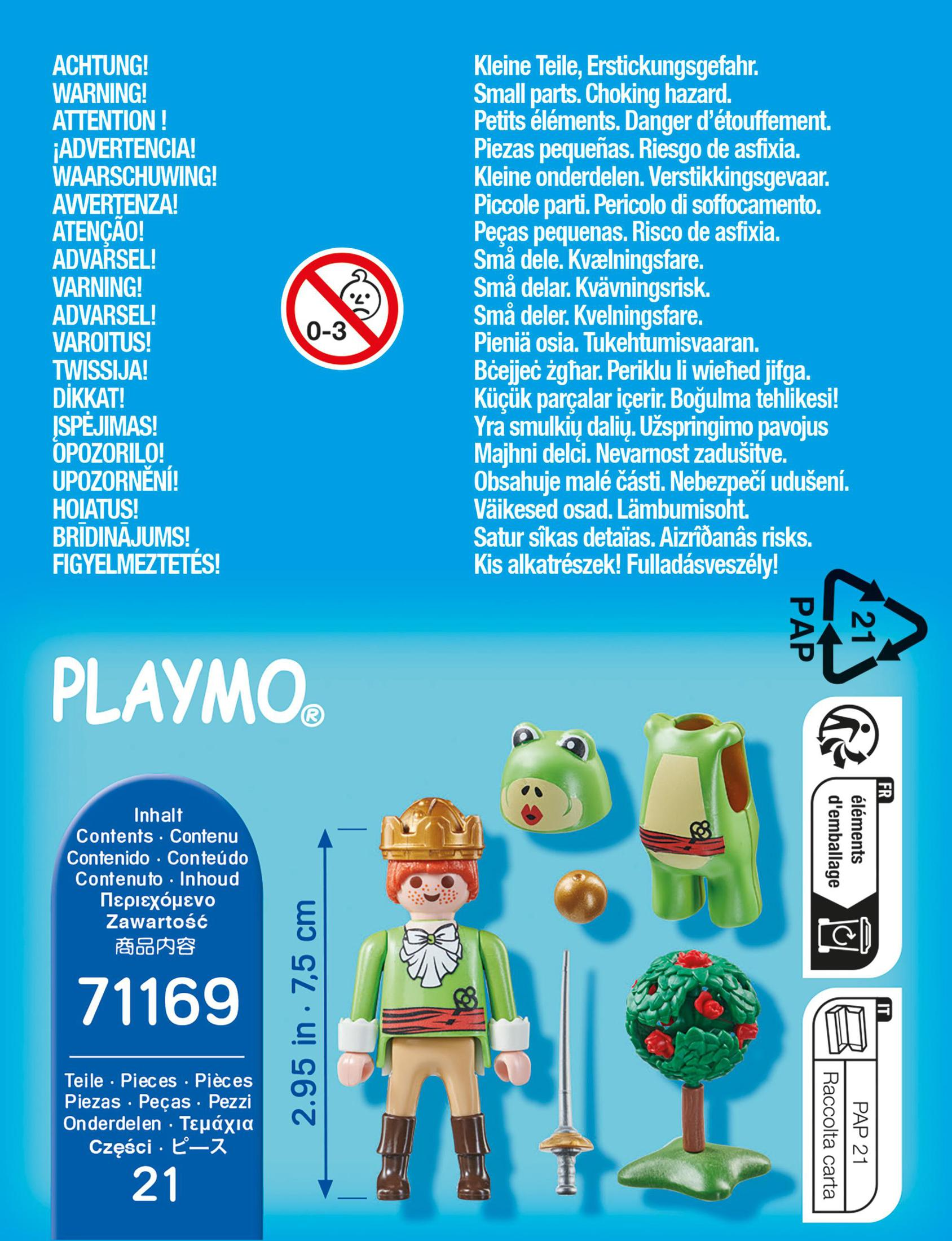 Playmobil-Set mit Figuren, Zubehör und einem Warnhinweis.