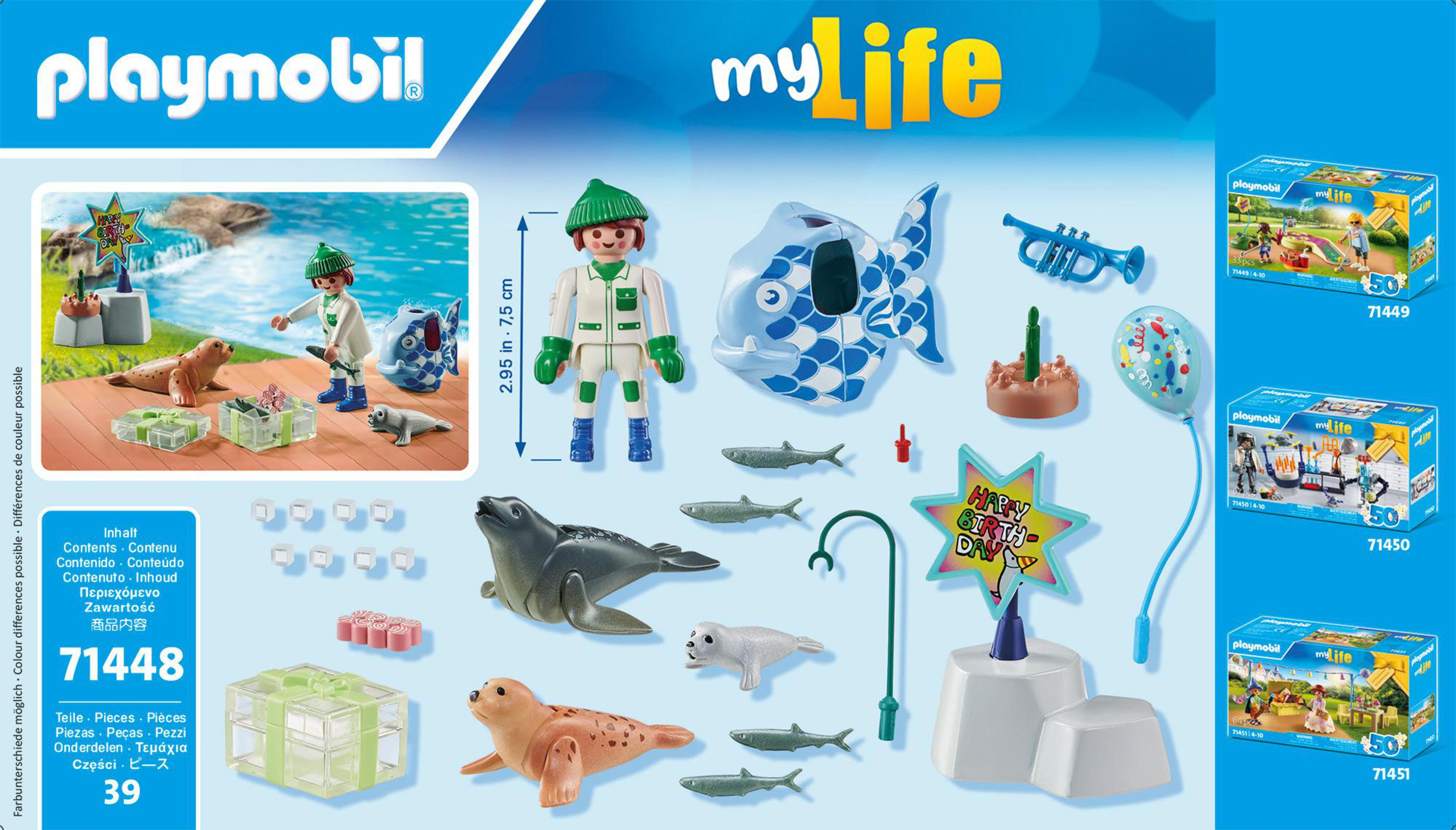 Playmobil-Set mit Figuren, einem Fisch und verschiedenen Accessoires zum Thema Geburtstag. Boxen zeigen andere Sets.