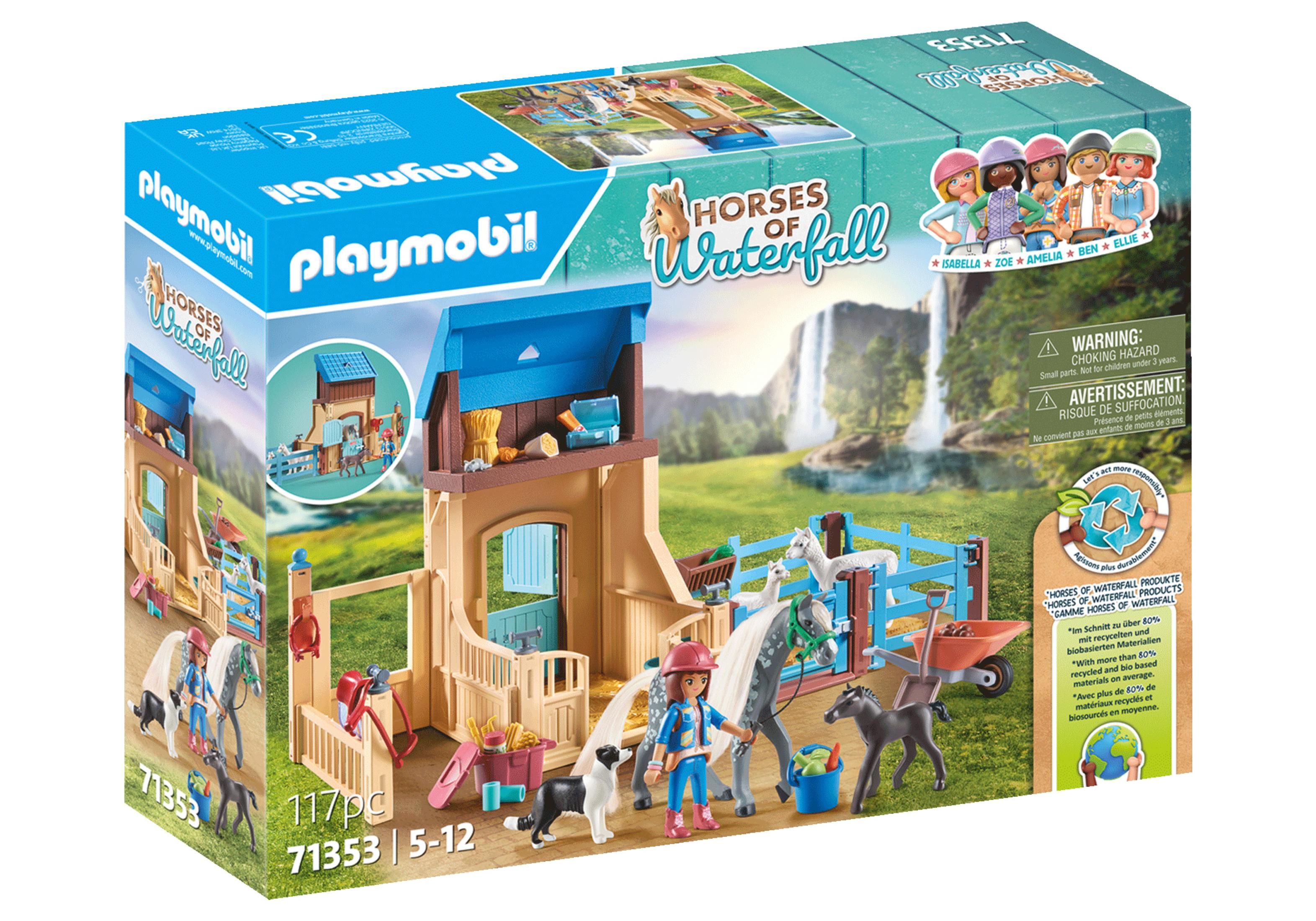 Playmobil Horses of Waterfall Spielset-Box. Zeigt einen Stall, Pferde und Figuren in einer Farmumgebung.