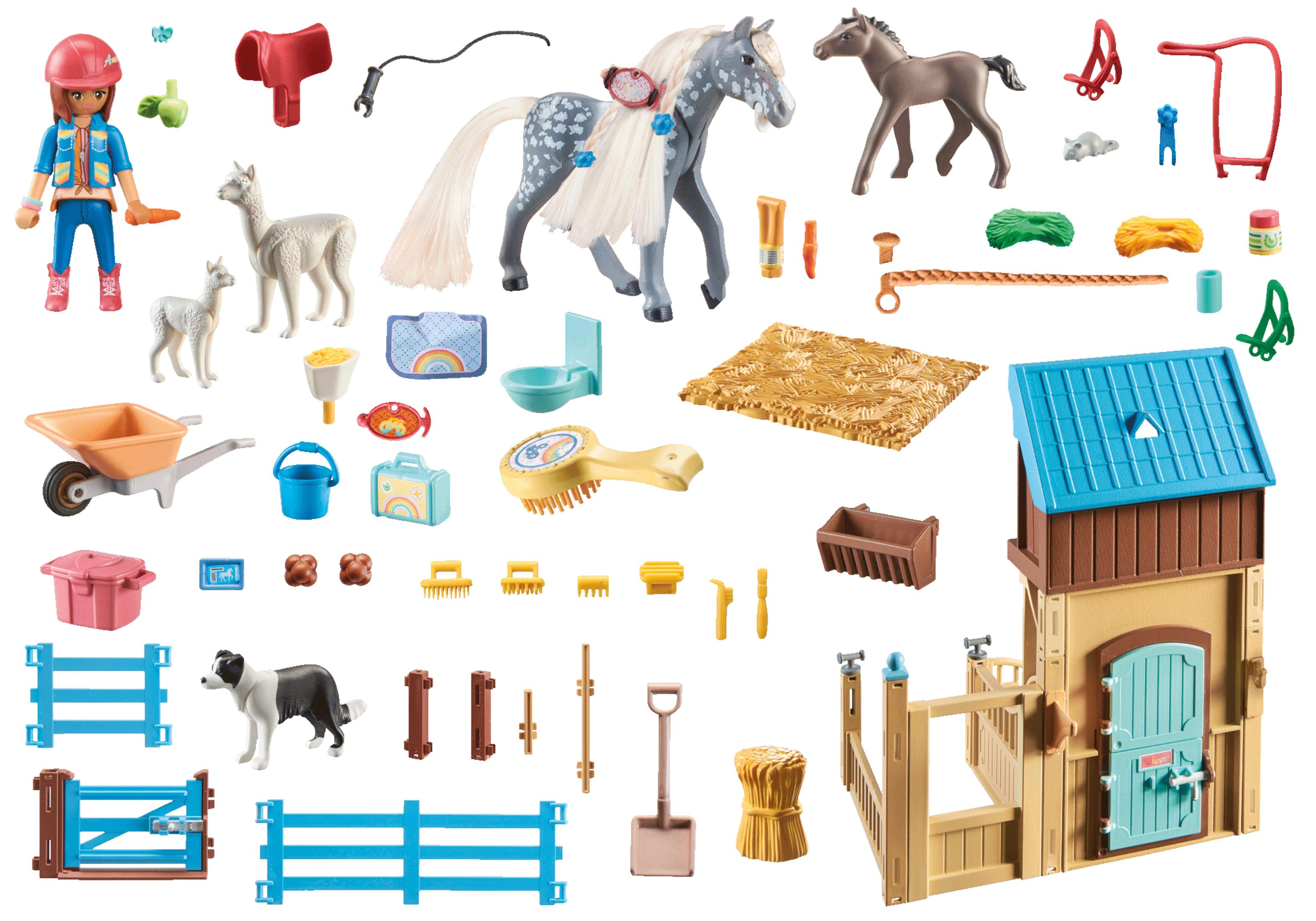 Ein Bauernhof-Set mit Figuren, Tieren und Zubehör. Enthält einen Stall, ein Pferd und verschiedene landwirtschaftliche Artikel.