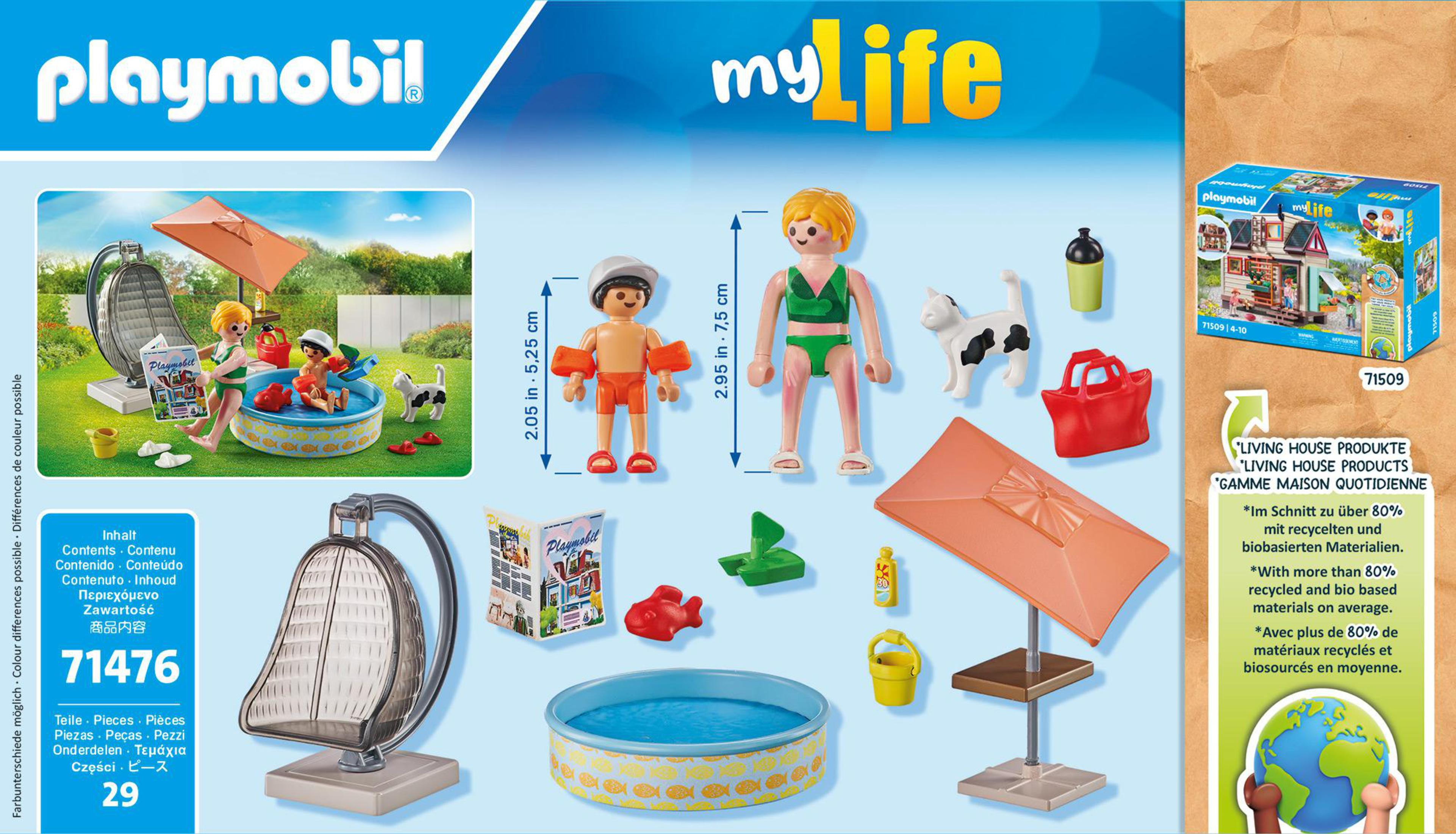 Playmobil-set met figuren, zwembad en accessoires. Tekst en afbeeldingen op de verpakking.