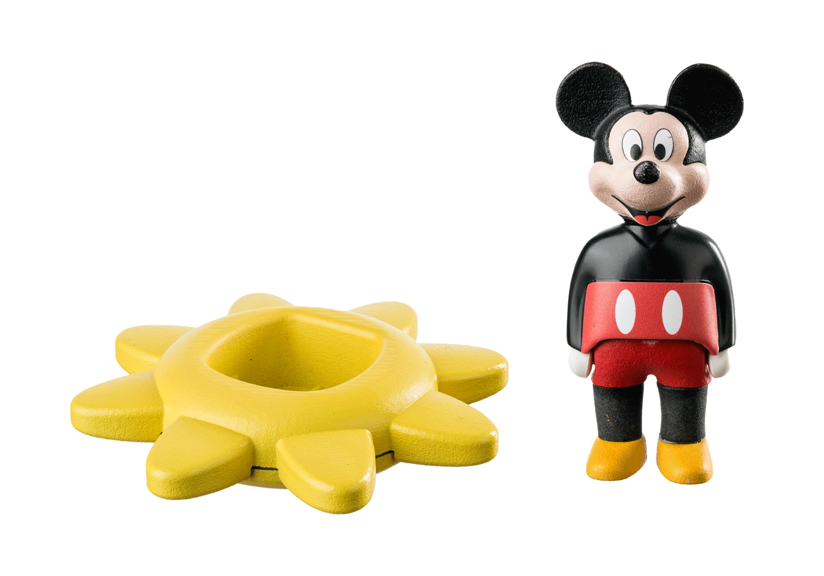 Figura de Mickey Mouse. Juguete amarillo en forma de sol. Fondo blanco.