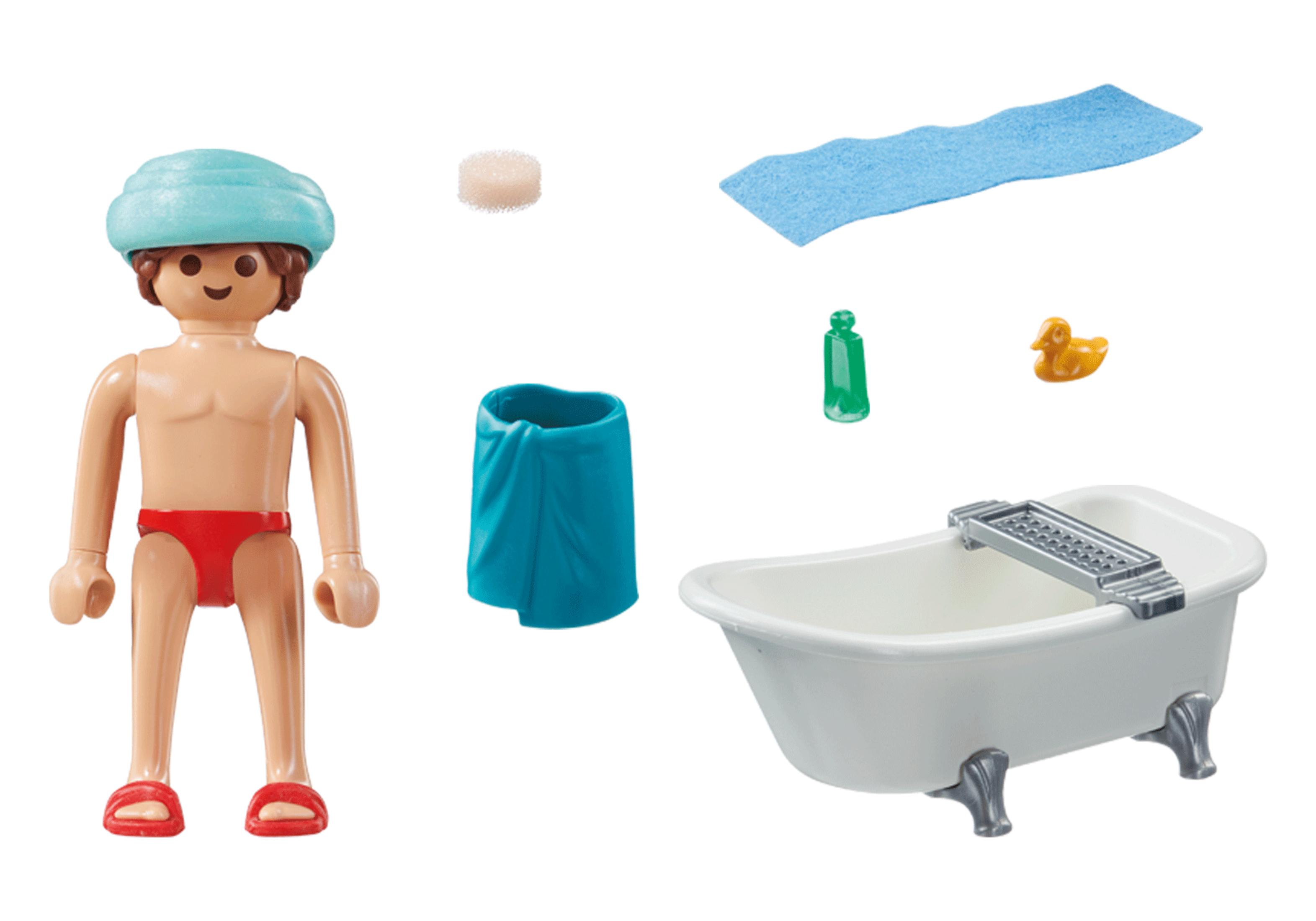 Spielzeugfigur-Set. Enthält eine Person, eine Wanne, Handtuch, Seife, Ente und weitere Artikel.