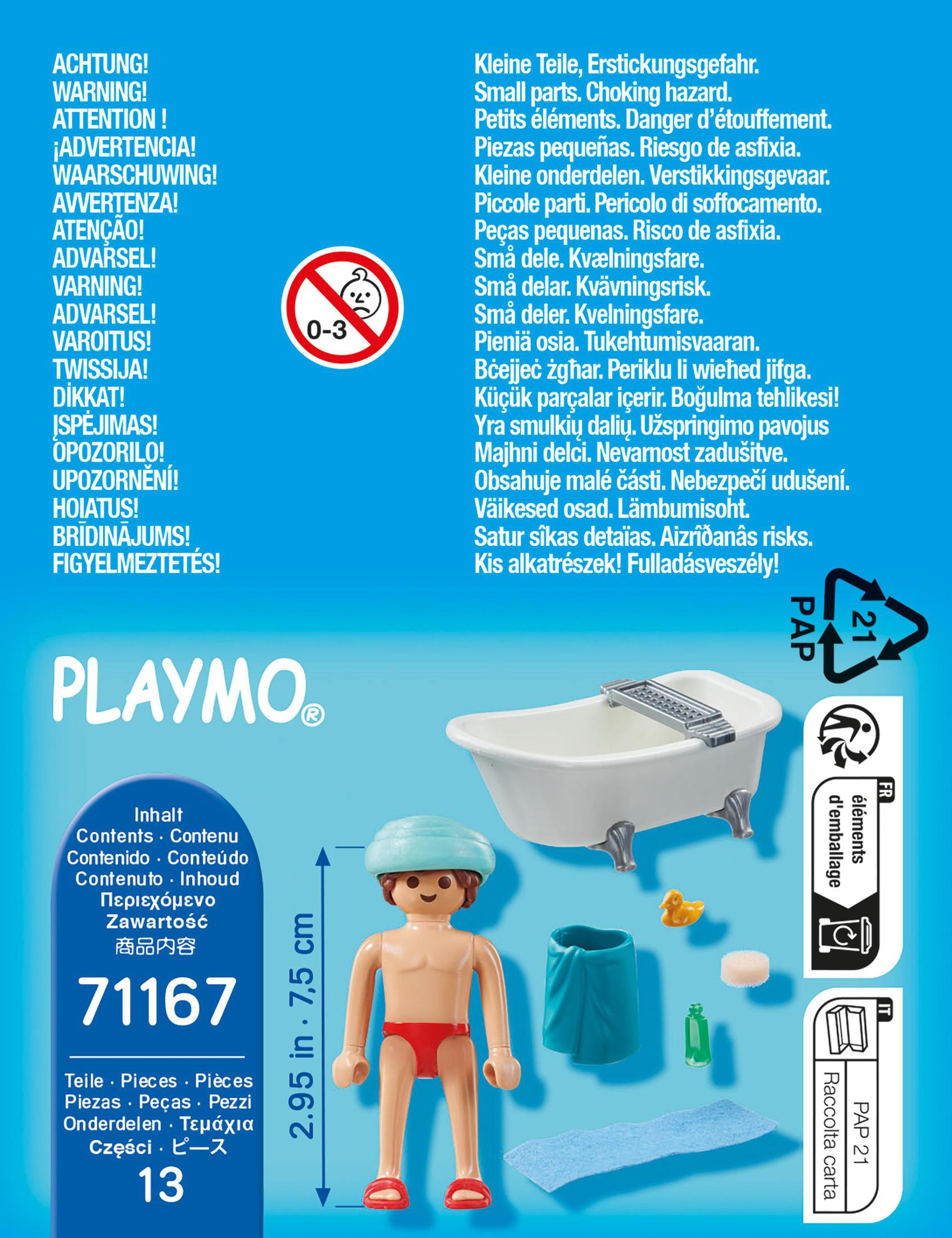 Spielzeugset mit kleiner Figur in einer Badewanne, mit Warnhinweisen in mehreren Sprachen.