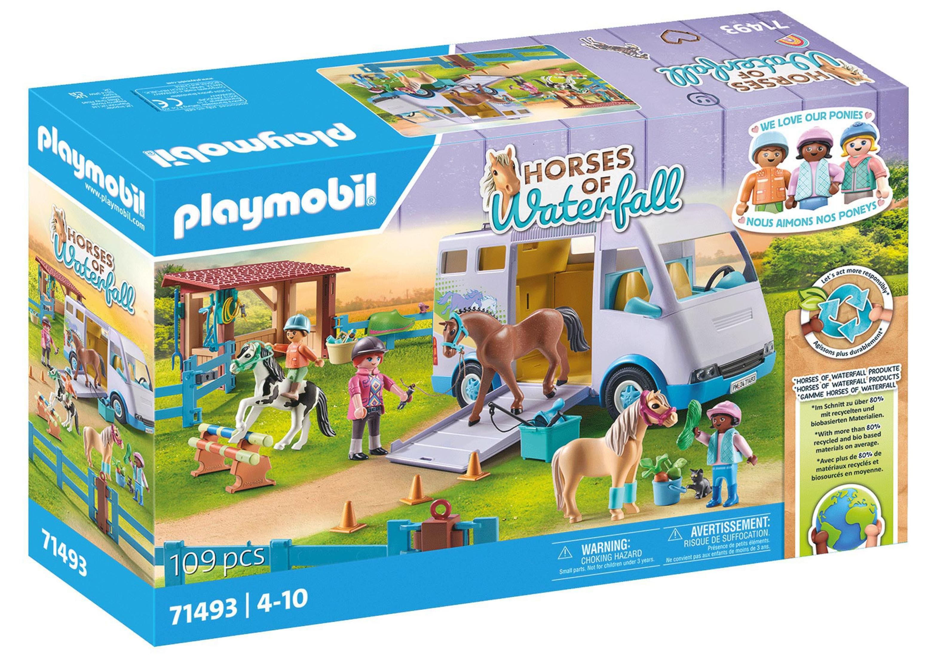 Scatola del playset Playmobil Horses of Waterfall che mostra un rimorchio per cavalli, cavalli e personaggi in una fattoria.