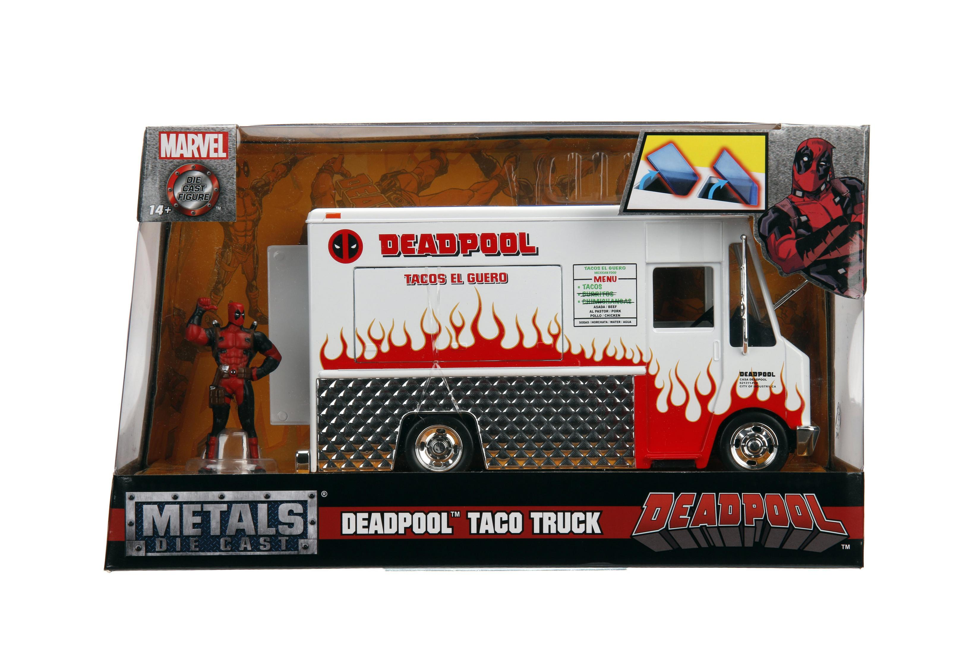 Ein Deadpool-Taco-Truck-Spielzeug in einer Box mit einer Deadpool-Figur und Logo auf weißem Hintergrund.