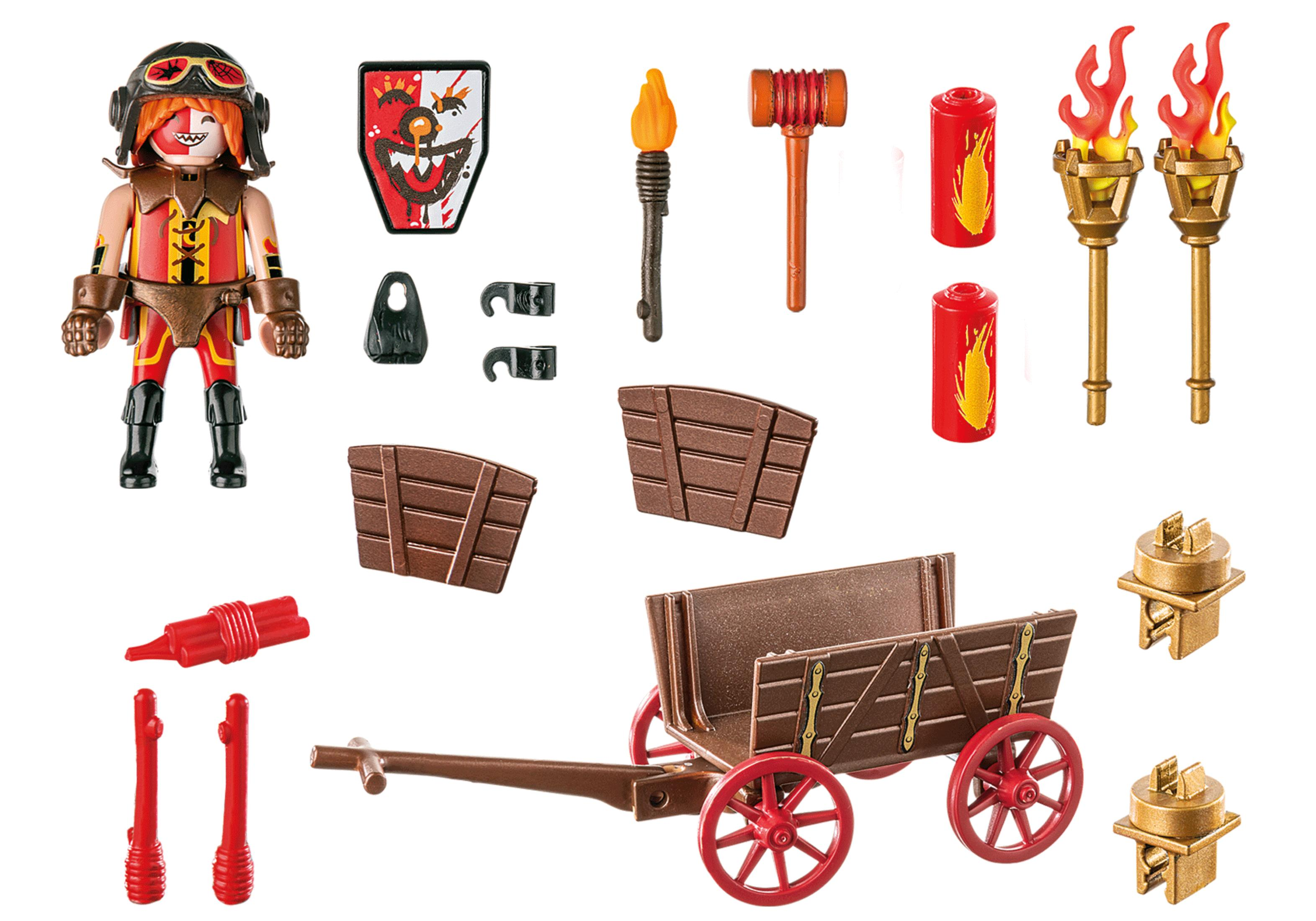 Eine Sammlung von Spielzeugzubehör, darunter ein Wagen, Waffen und eine Figur.