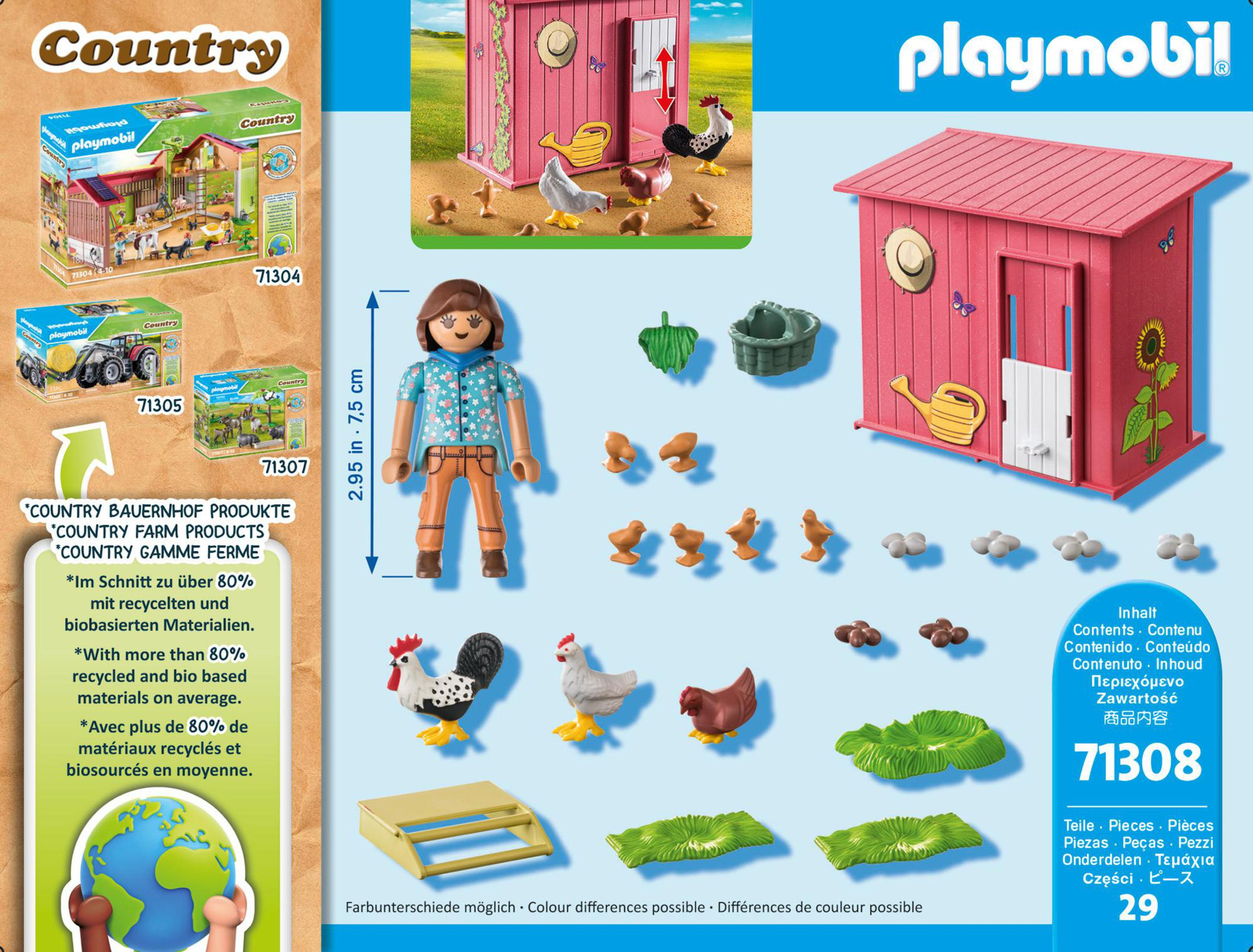Zestaw zabawek Playmobil z motywem farmy jest wyświetlany. Widoczne są figurki i akcesoria.