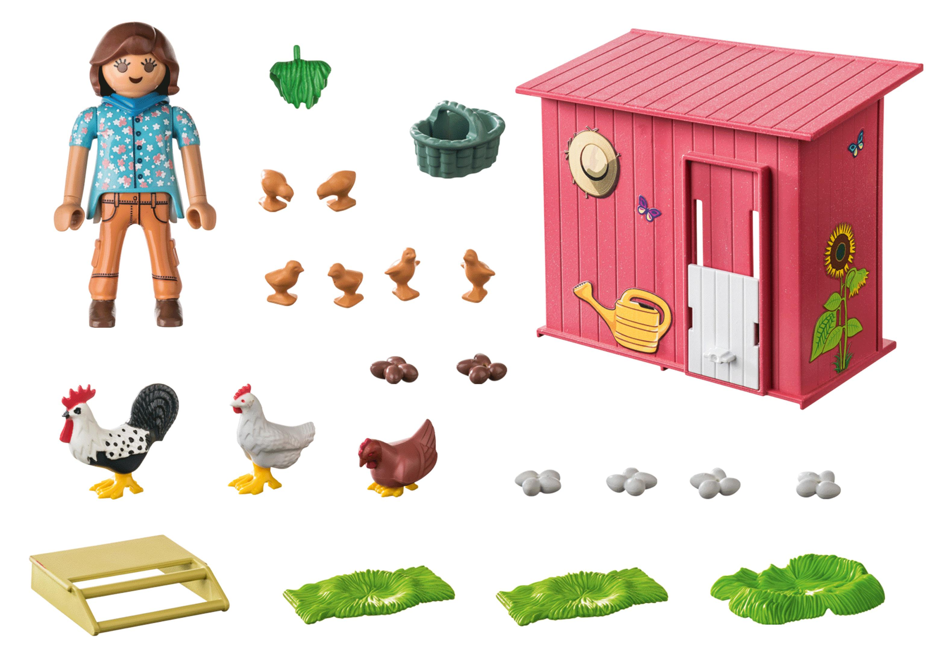 Zestaw Playmobil z farmą, figurką, kurczakami, szopą.