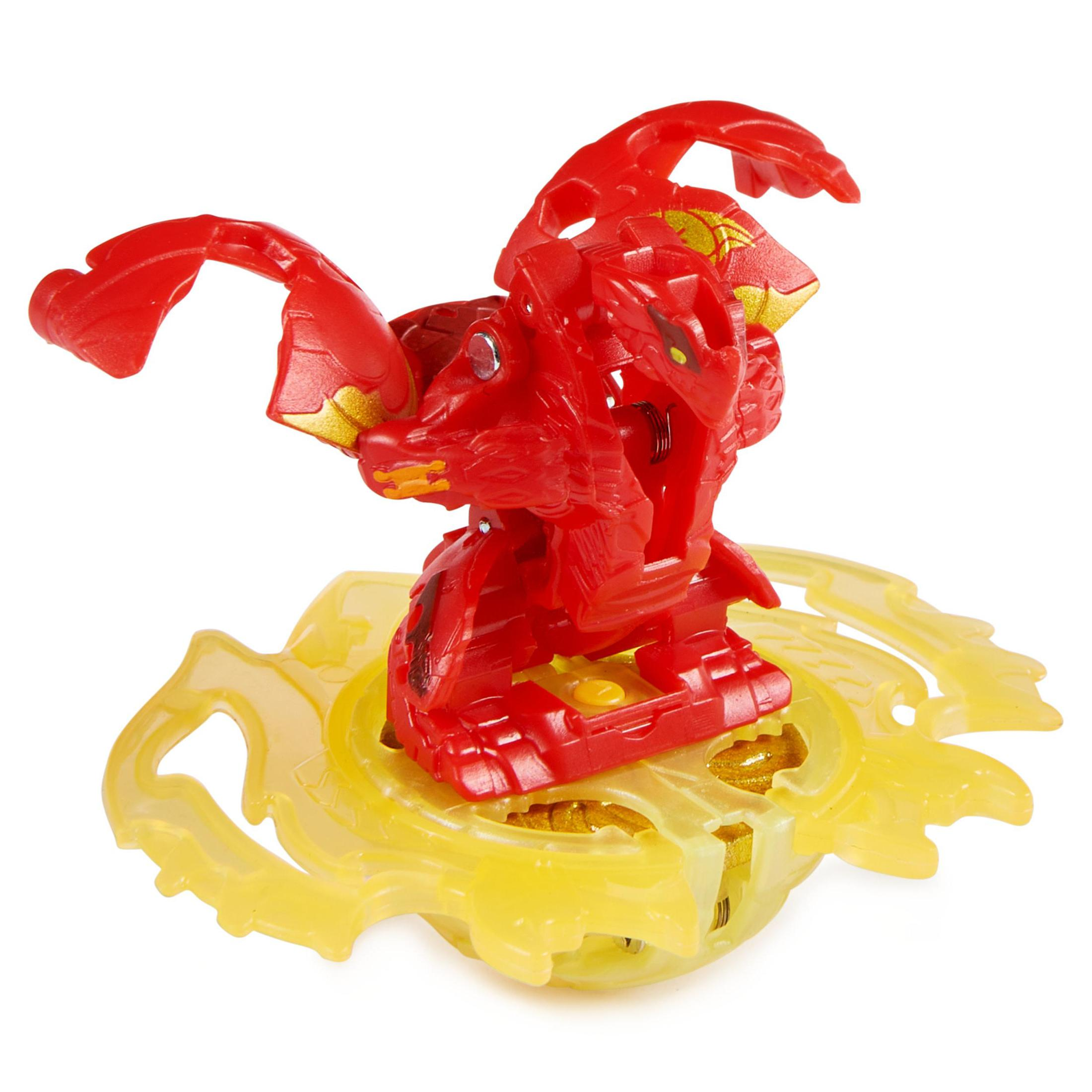 Juguete Bakugan rojo y amarillo en pose de acción.
