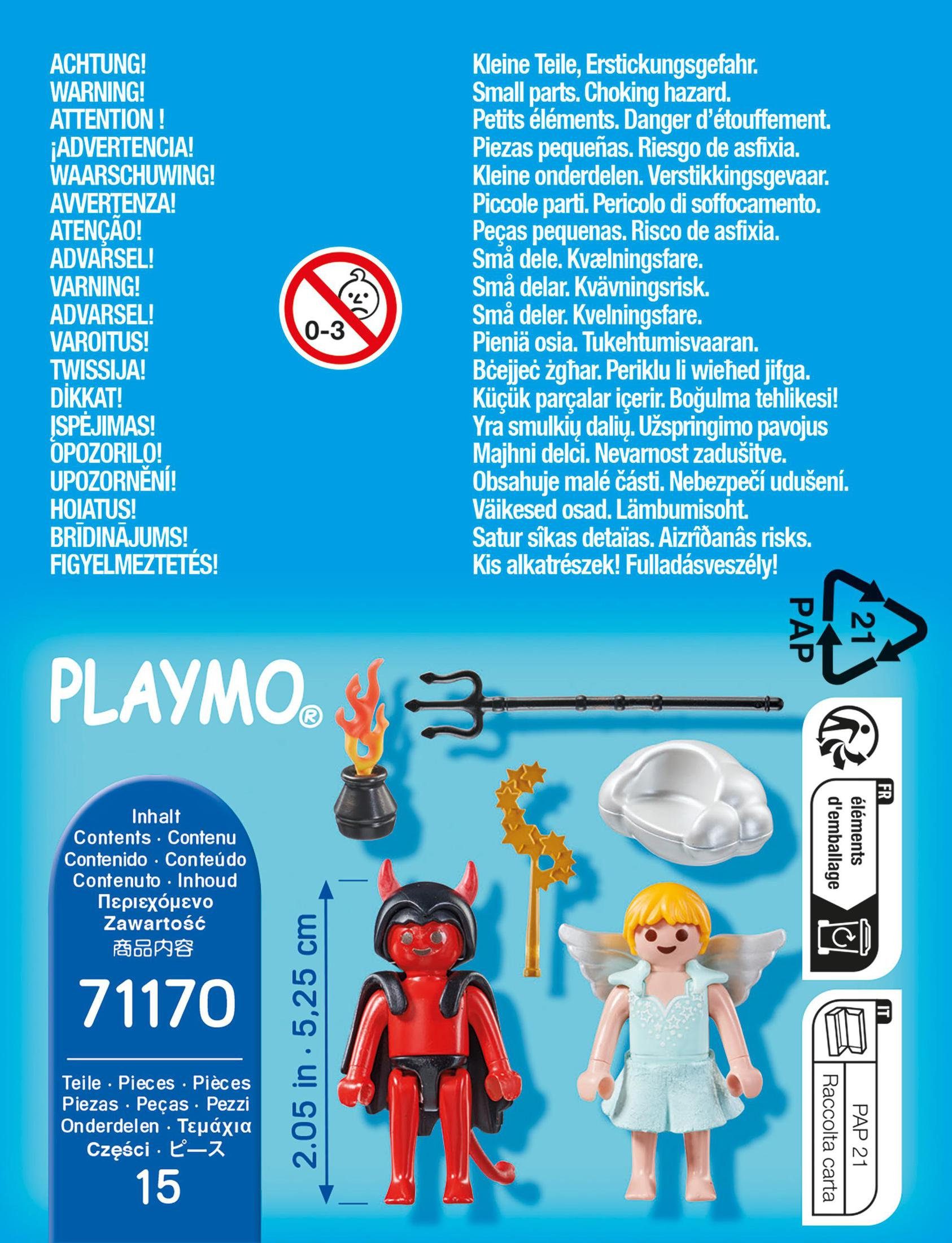 Zestaw zabawek Playmobil z figurkami diabła i anioła, akcesoriami i tekstem ostrzegawczym.
