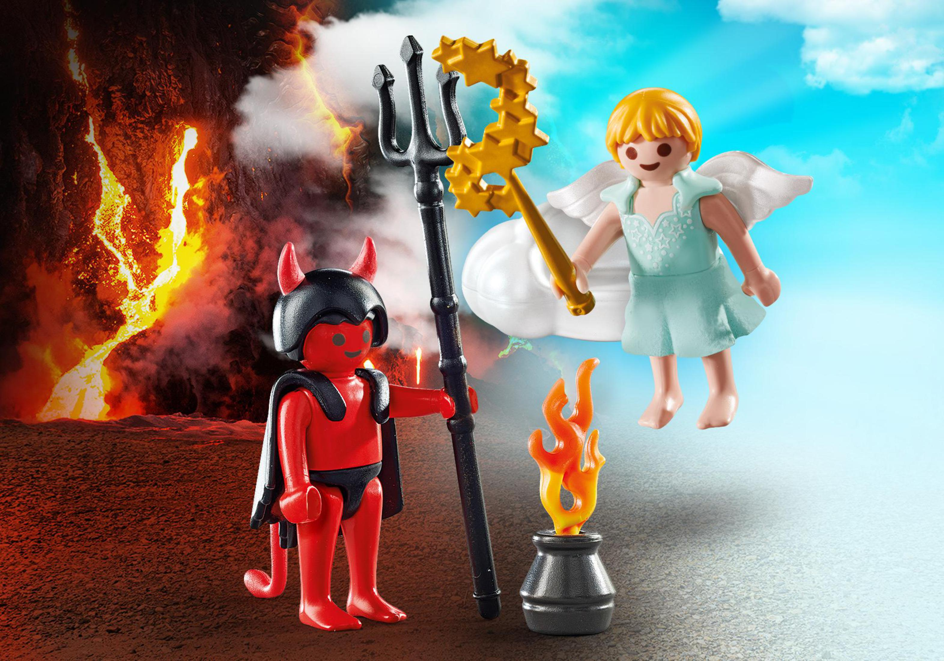 Scena Playmobil Dobro kontra Zło z diabłem, aniołem i ognistym tłem.