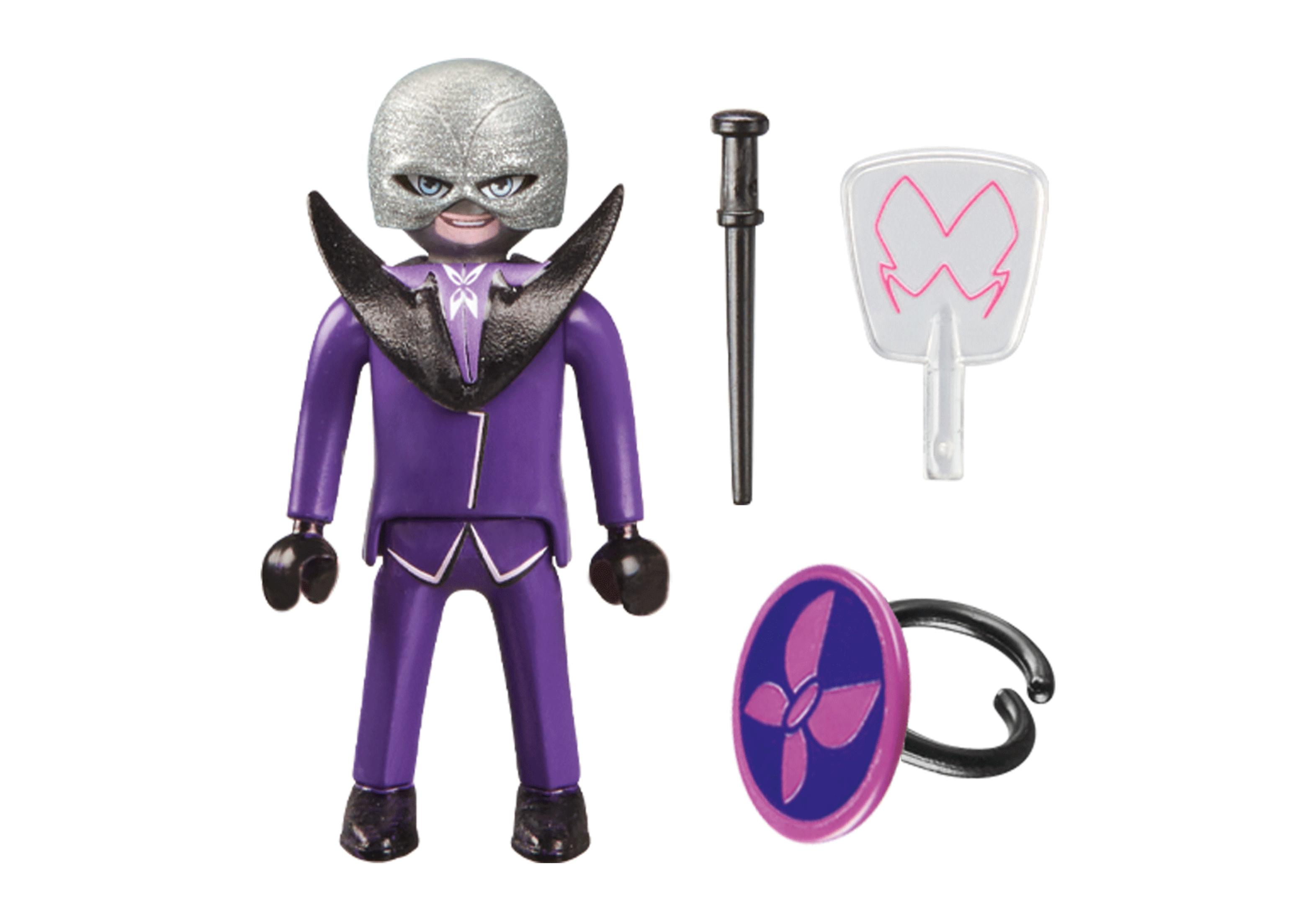 Playmobil-Figur eines Schurken mit Zubehör: einem Zauberstab, einem Fächer und einem Ring.