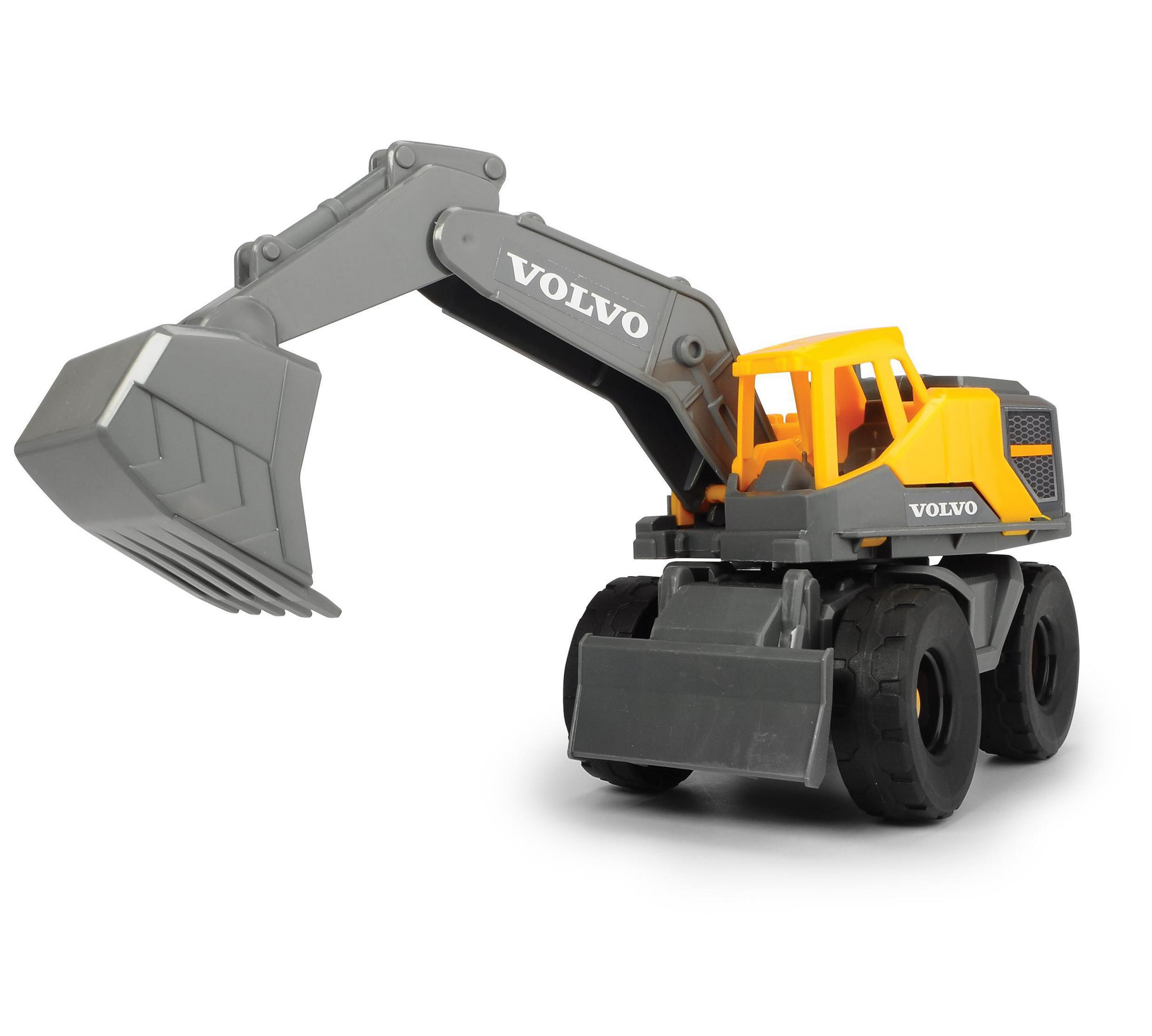 Żółto-szara zabawka-koparka, ze słowem VOLVO na ramieniu, białe tło.