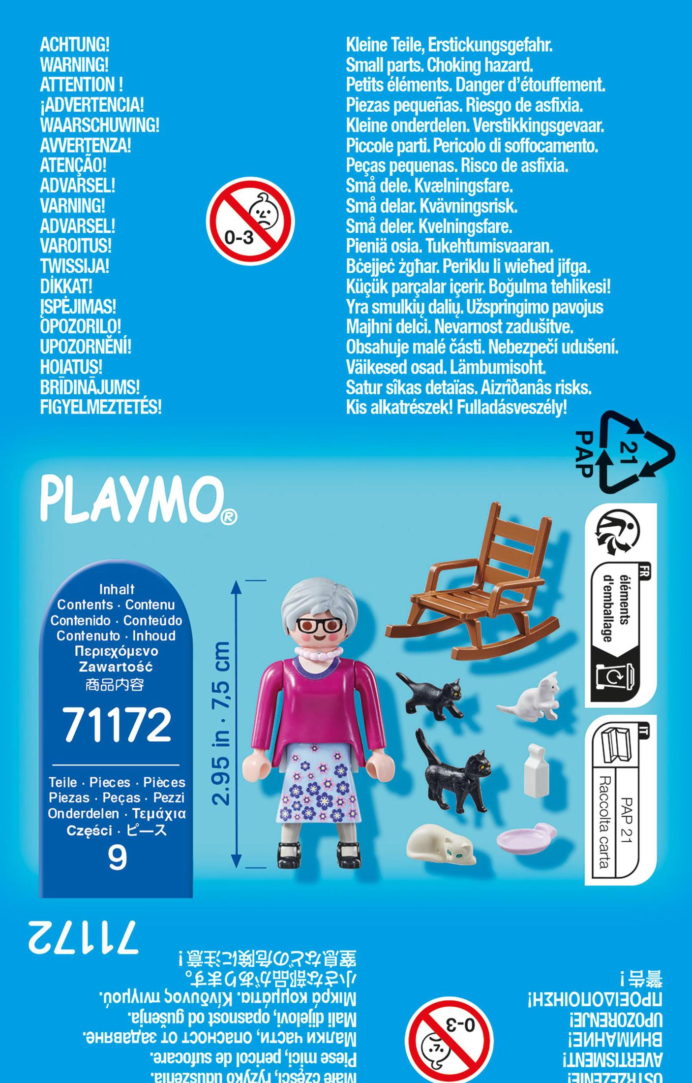 Ein Playmobil-Set mit einer Frau, Katzen und einem Schaukelstuhl.