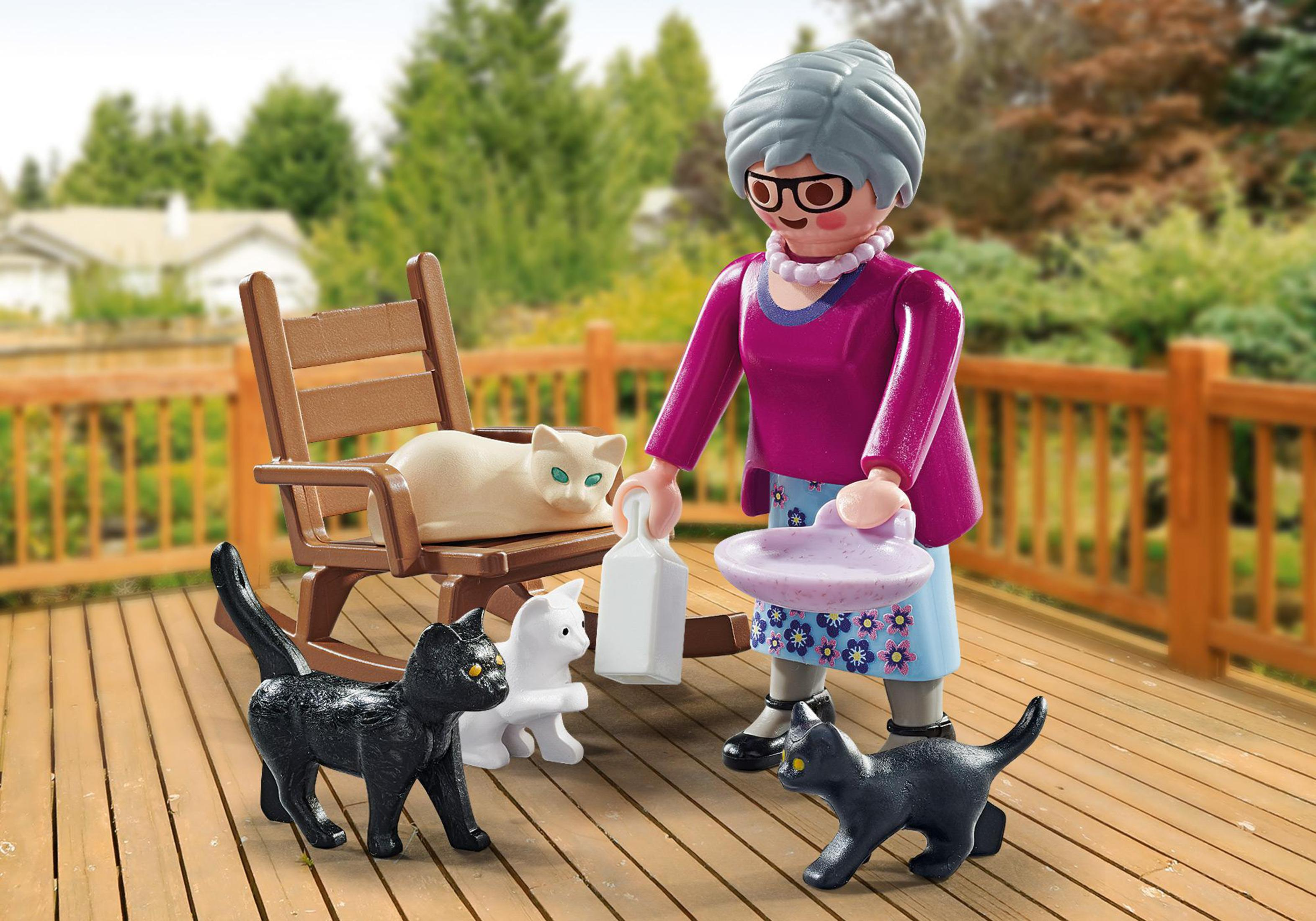 Eine Frau füttert Katzen auf einem Deck. Es gibt einen Schaukelstuhl und drei Katzen, zwei schwarz und eine weiß.
