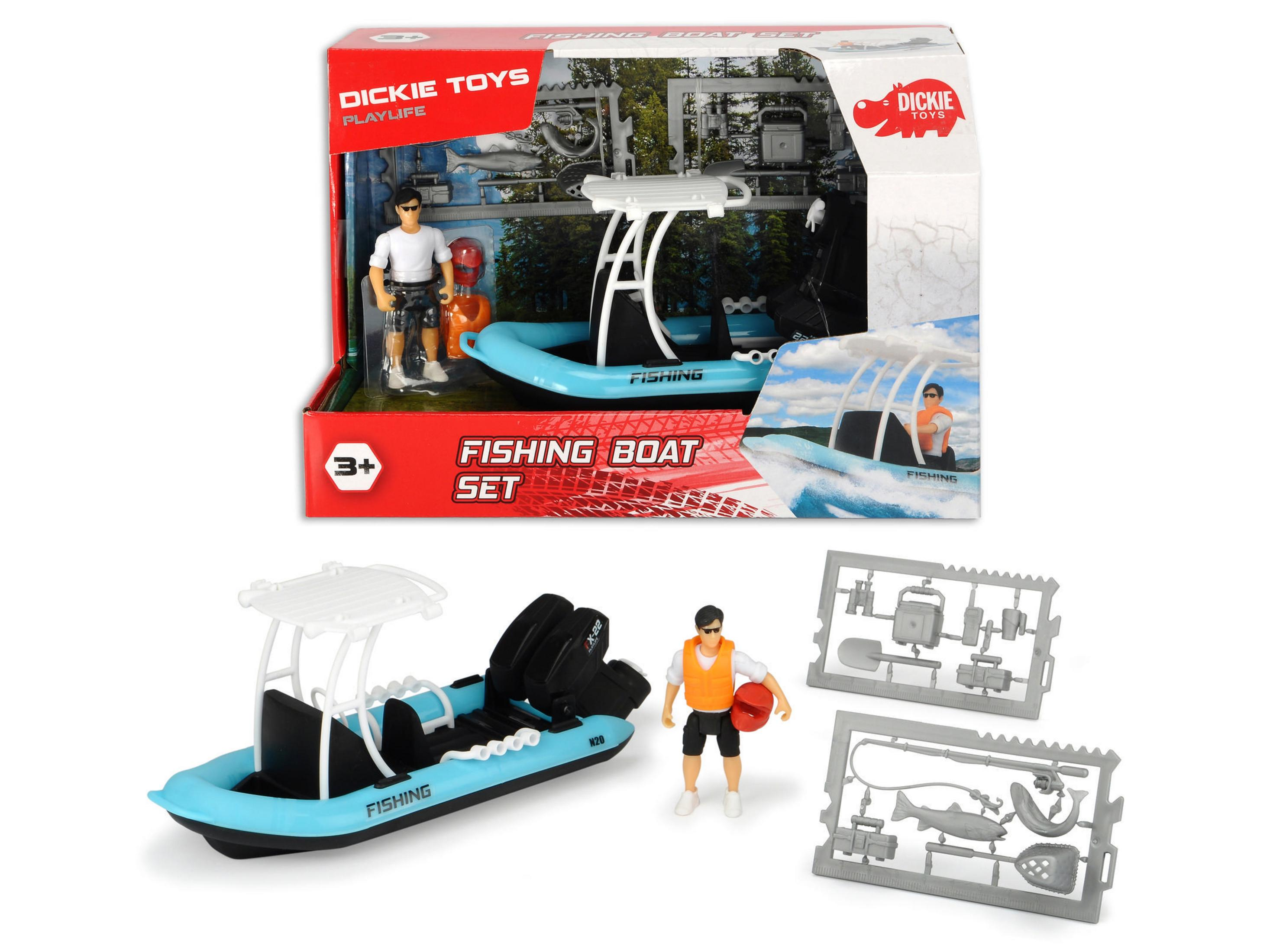 Dickie Toys Angelboot-Set, Spielzeugboot, Figur und Zubehör in einer Box.