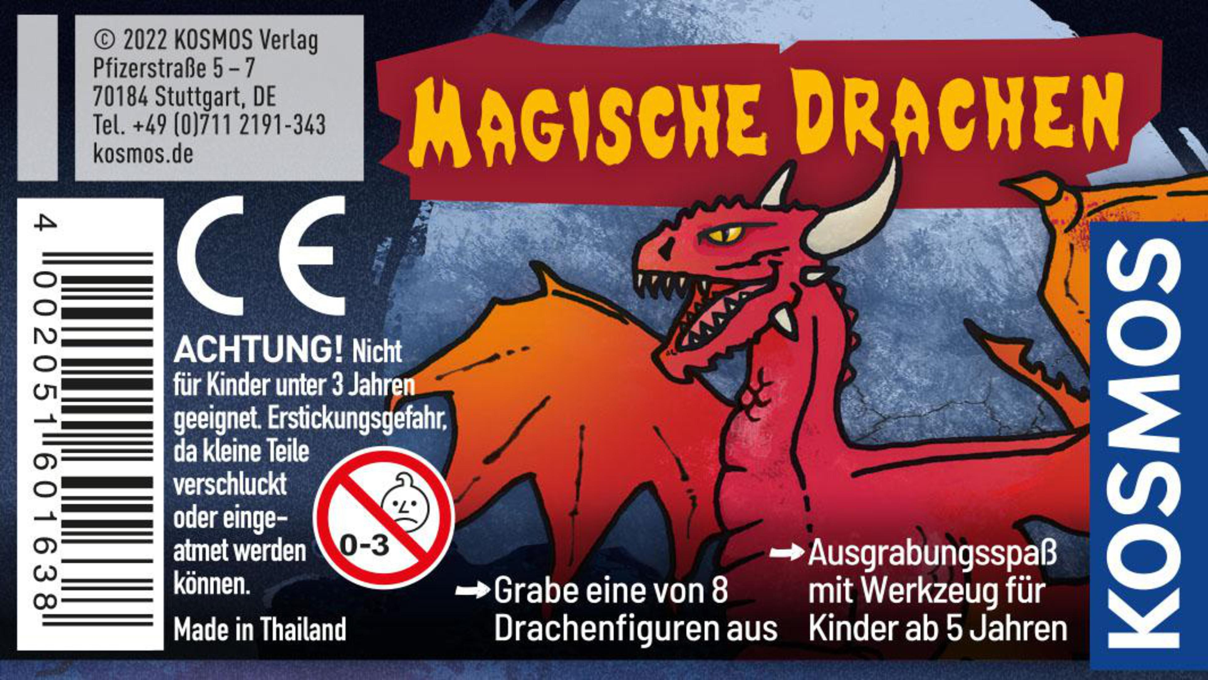 Die Rückseite einer Schachtel für ein Kinderspielzeug. Zeigt eine rote Drachenillustration und Text.