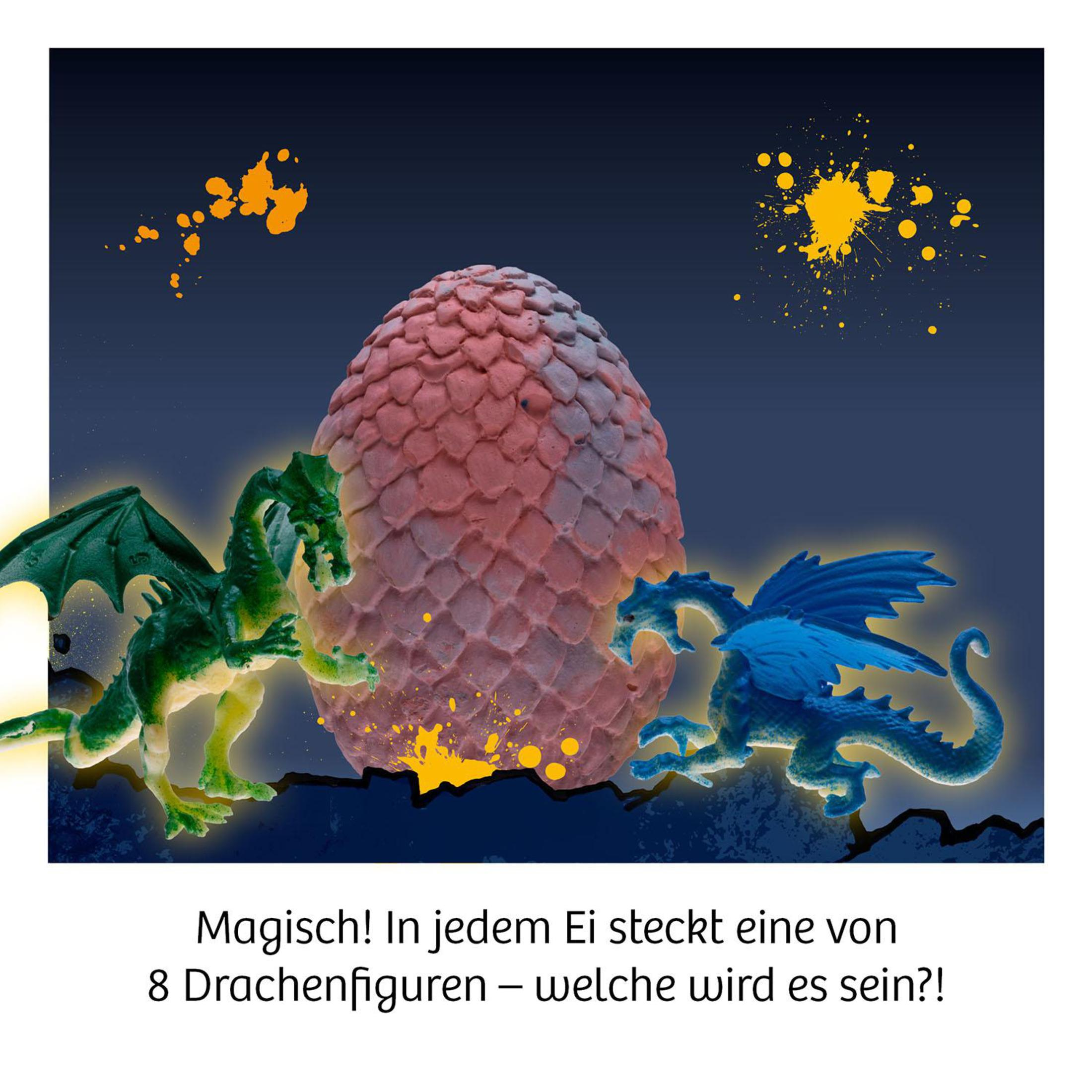 Ein Ei und zwei Drachen in einer Fantasieszene mit Farbspritzern.