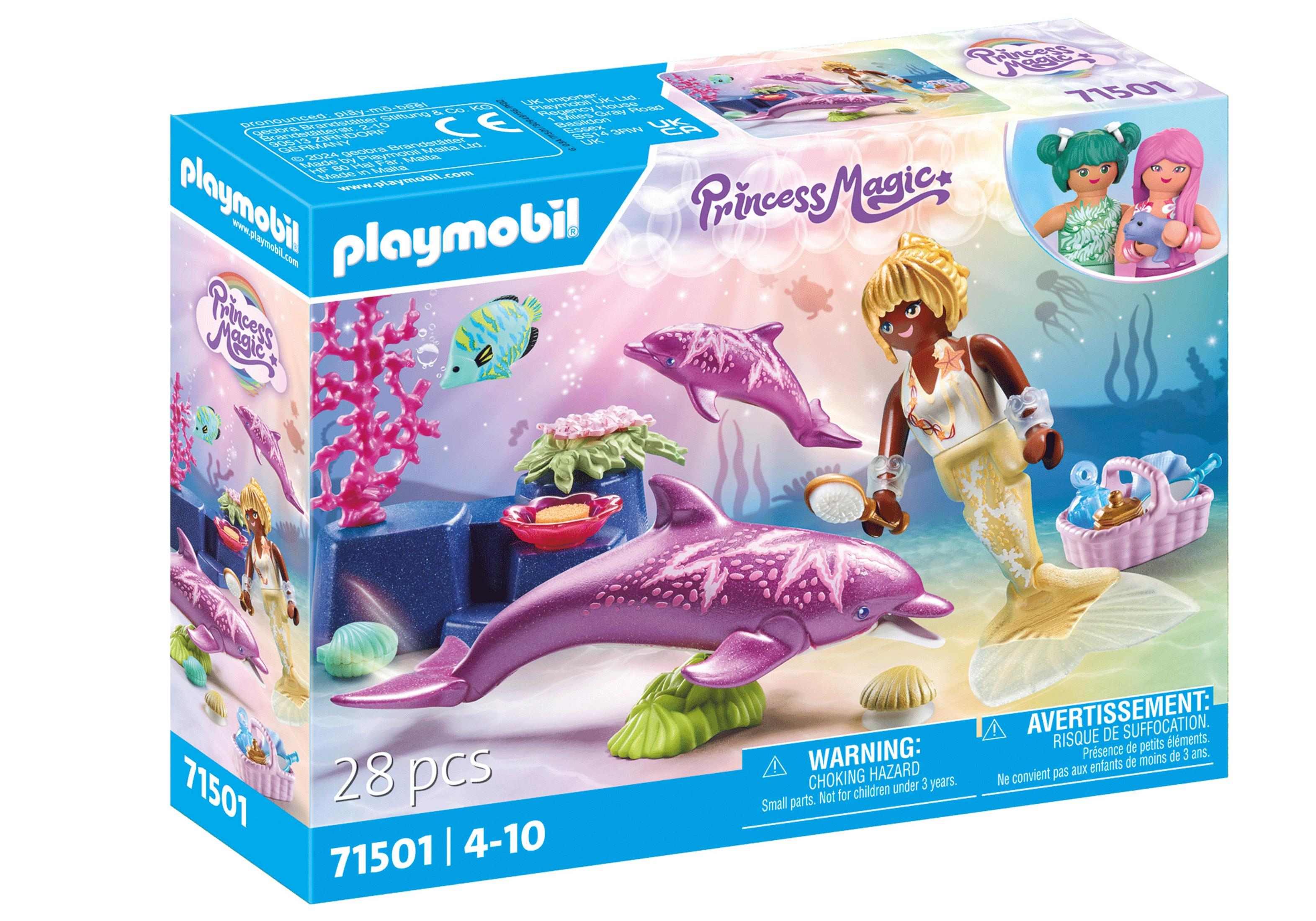 Playmobil Princess Magic Set. Eine Box mit einer Meerjungfrau, Delfinen und anderem Zubehör. Es ist ein farbenfrohes Set.