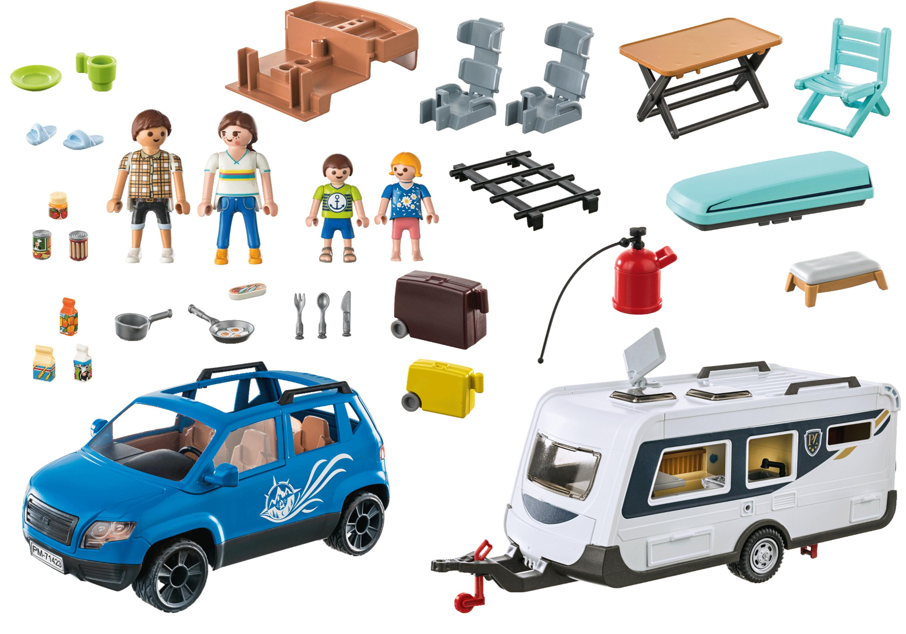 Playmobil Camping-Set: Auto, Wohnwagen, Figuren und Campingzubehör.