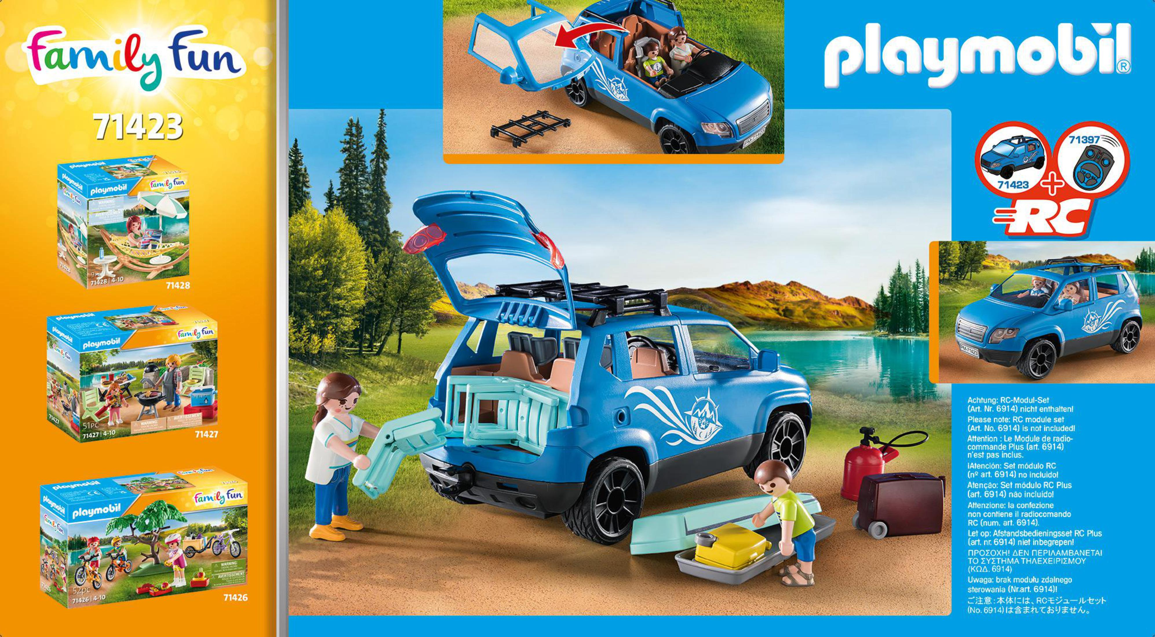 Playmobil-Set mit blauem Auto, Figuren und Zubehör.