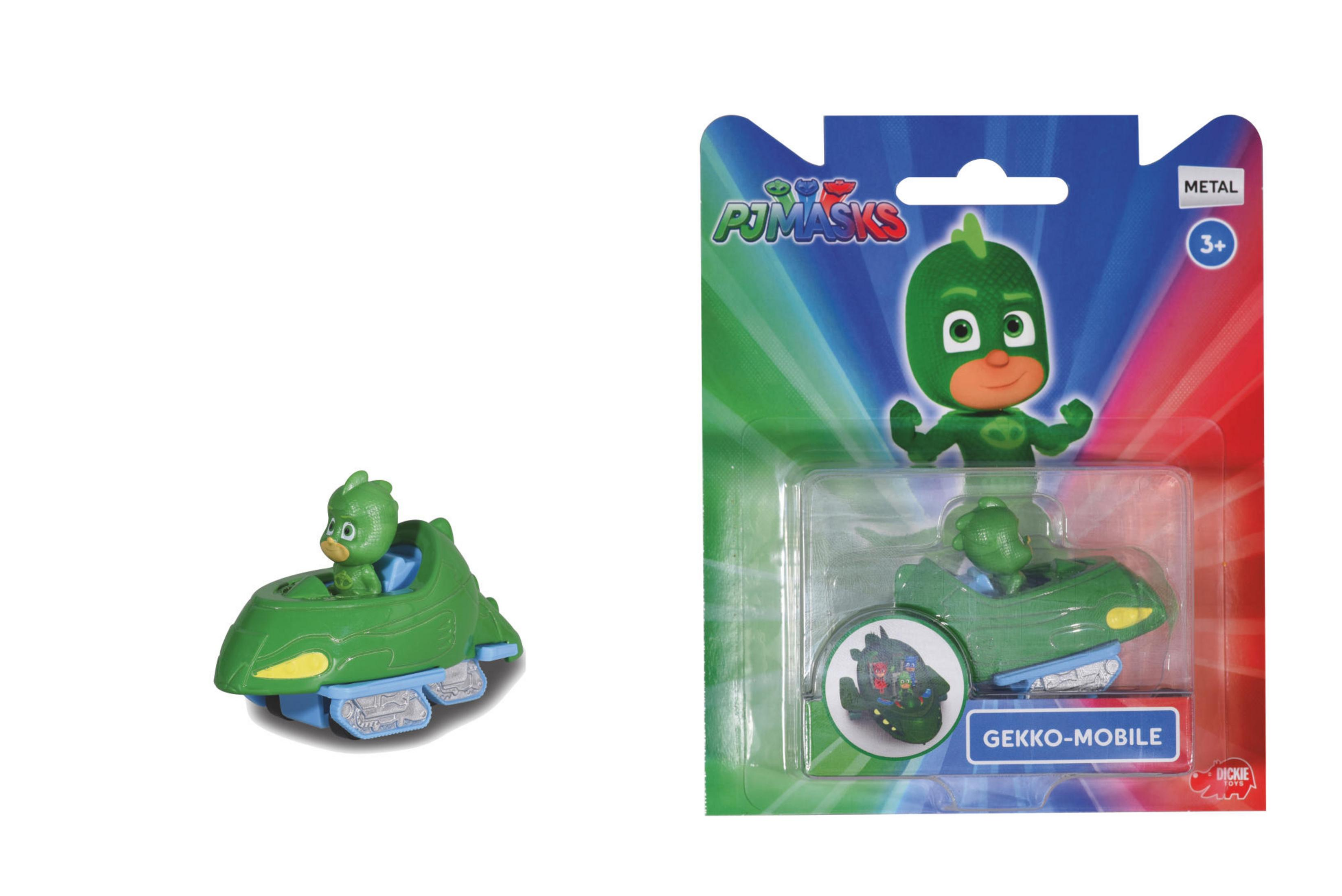Zabawka PJ Masks Gekko-Mobile i zapakowana wersja. Zabawka jest zielona z figurką Gekko.