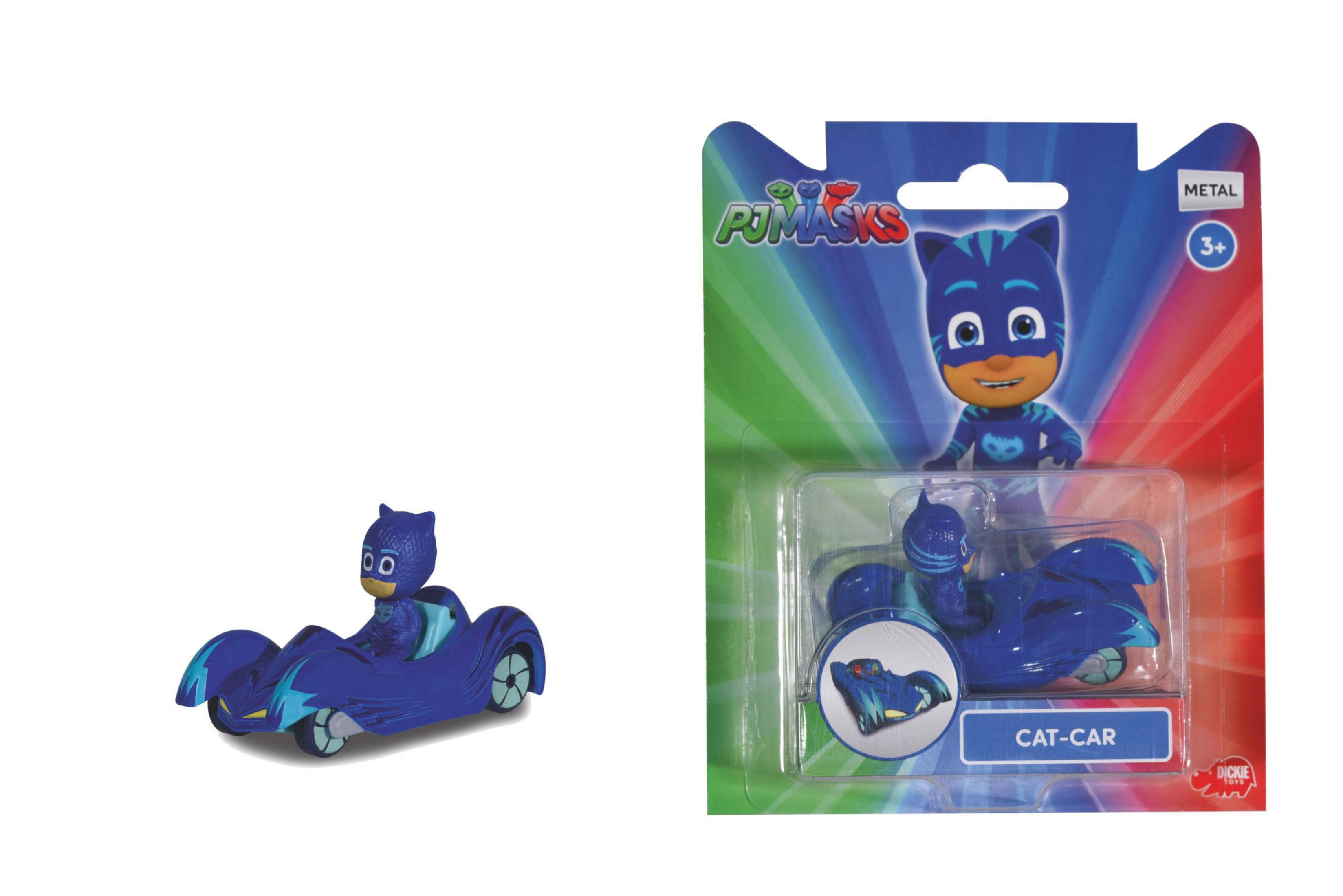 Zabawka PJ Masks Cat-Car. Niebieski samochód z figurką Catboy w środku, na blistrze.